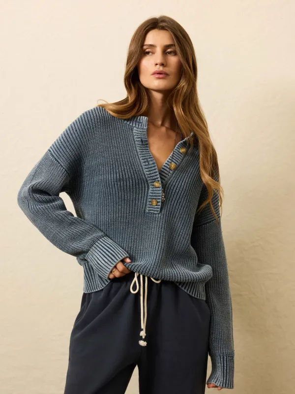 Sunwashed Cotton Fisherman Henley - Blue sold by Faherty