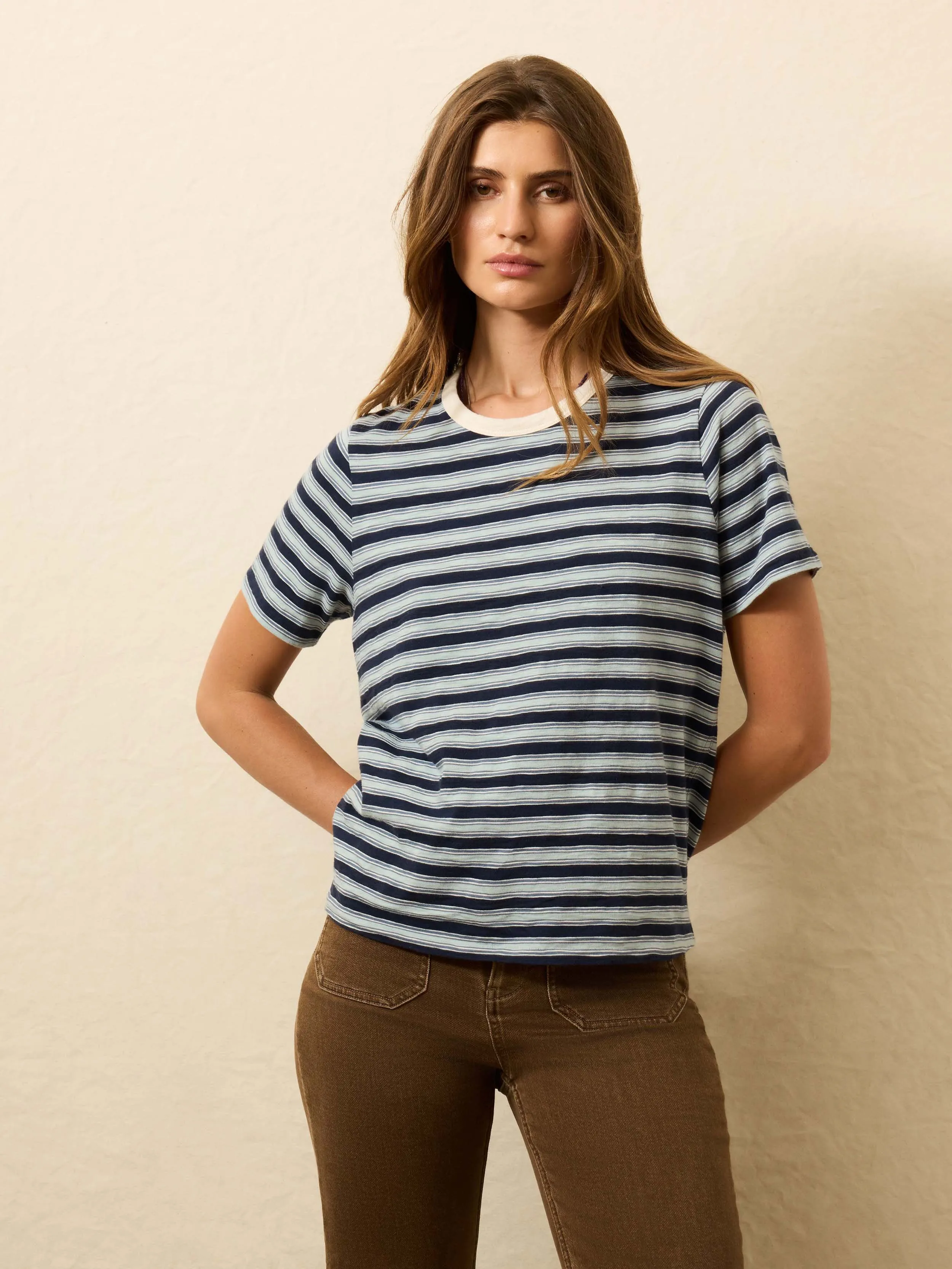 Sunwashed Essential Tee - Harbor Haze Stripe sold by Faherty
