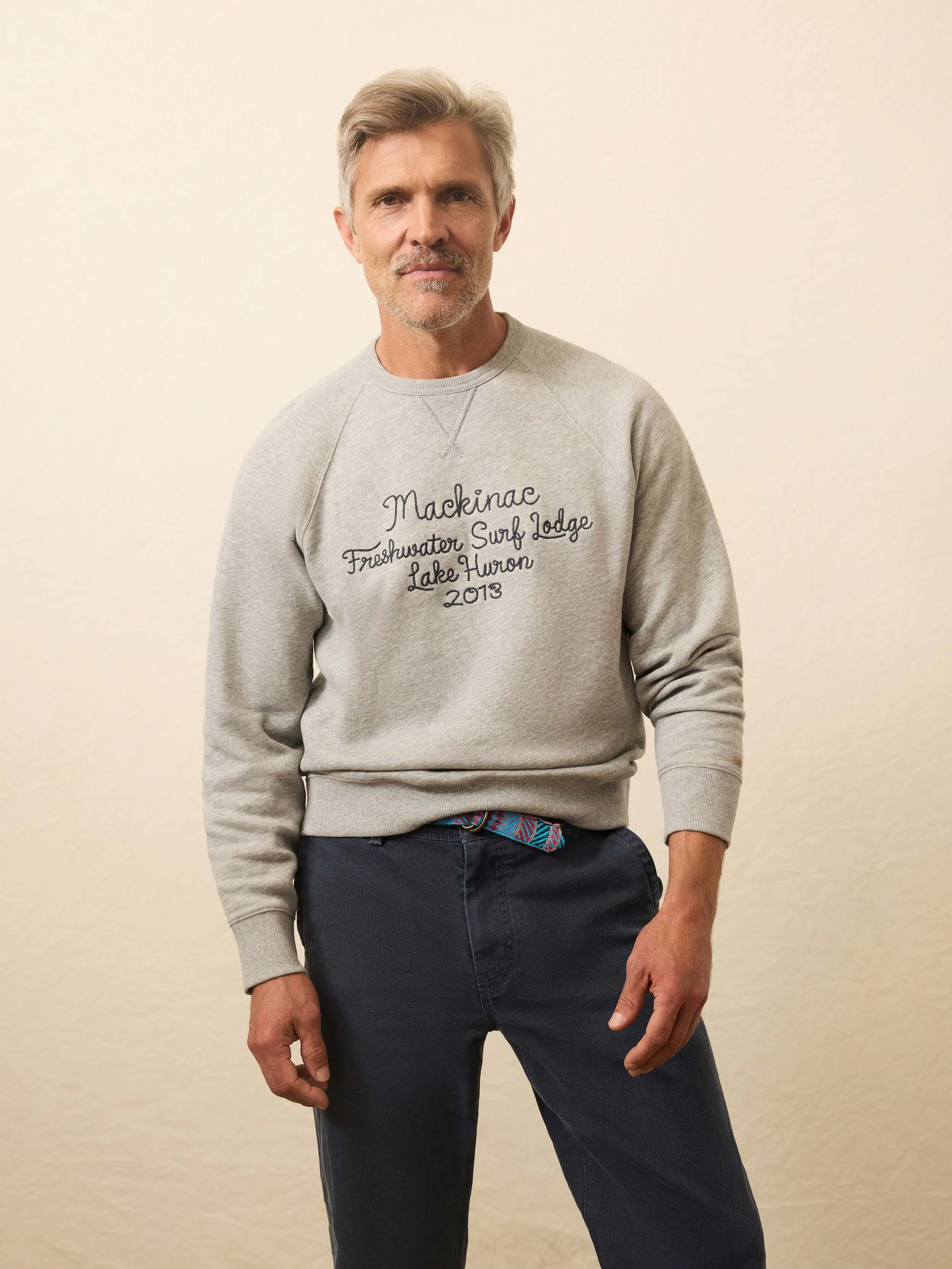 High Standard Fleece Graphic Crew - Silver Ash Heather sold by Faherty