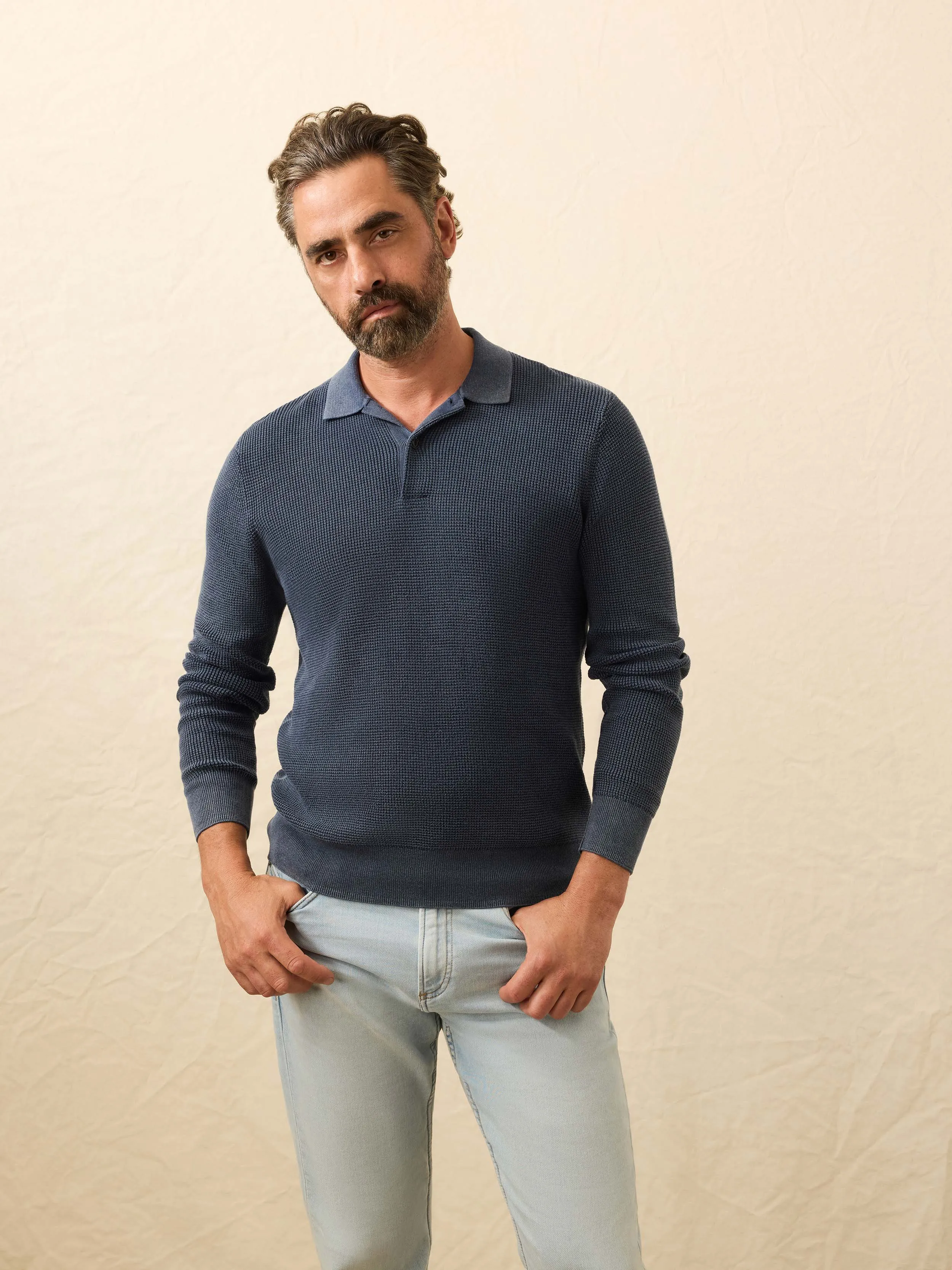 Long-Sleeve Sunwashed Sweater Polo - Blue Nights sold by Faherty