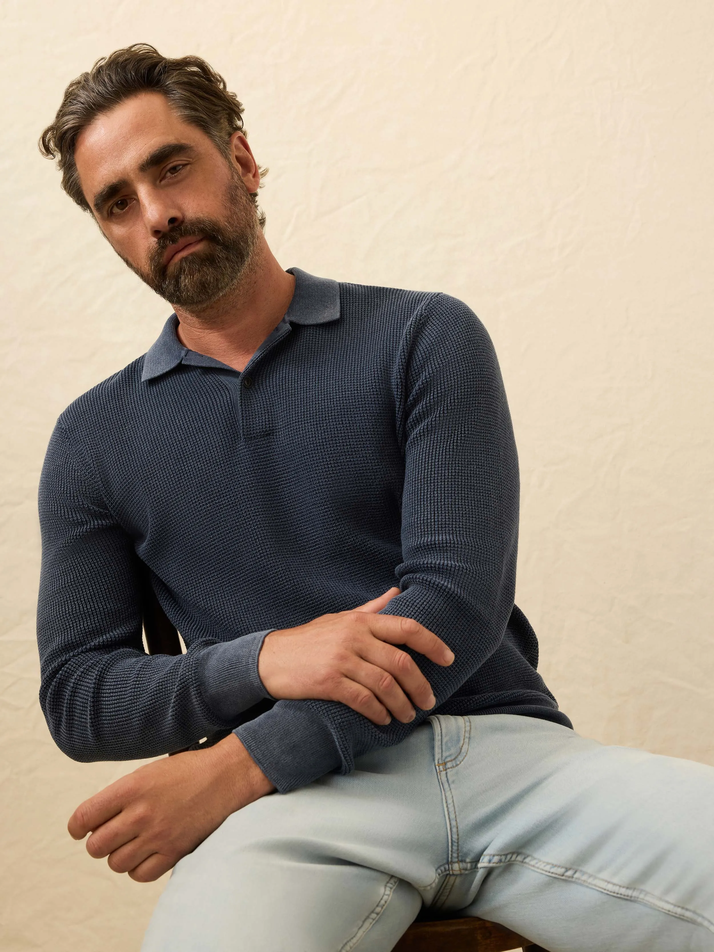 Long-Sleeve Sunwashed Sweater Polo - Blue Nights sold by Faherty product image thumbnail 4
