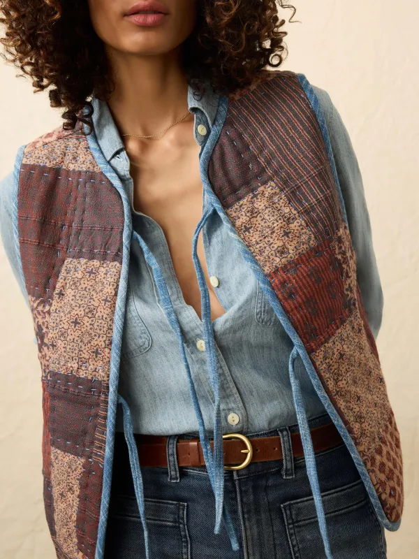 Indigo Quilted Patchwork Vest - Indra Patchwork sold by Faherty
