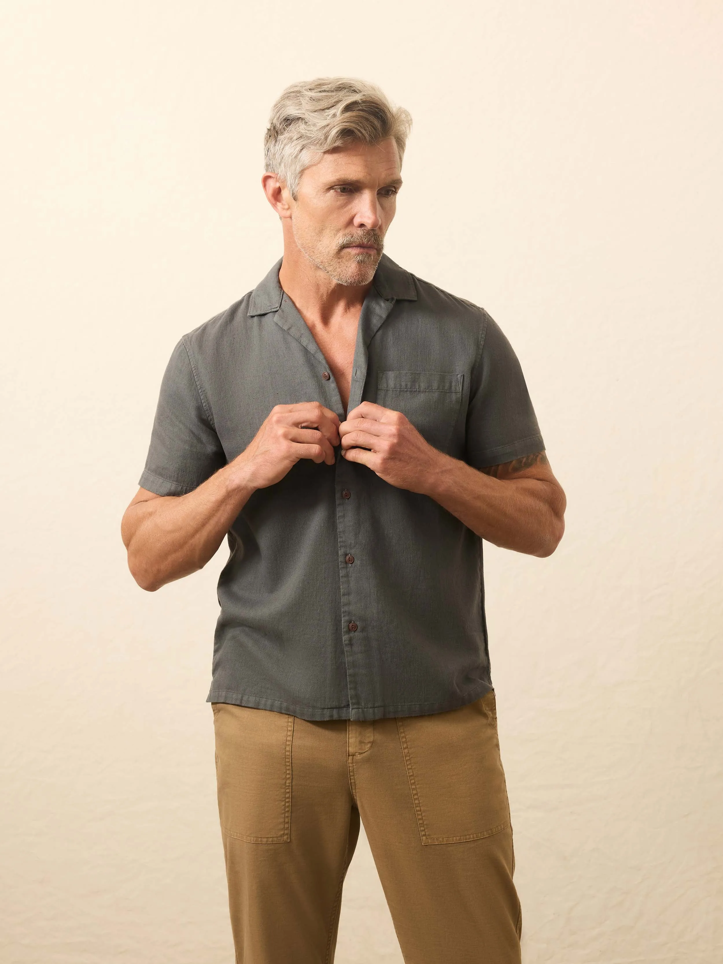 Short-Sleeve Hemp Blend Shirt - Washed Charcoal sold by Faherty