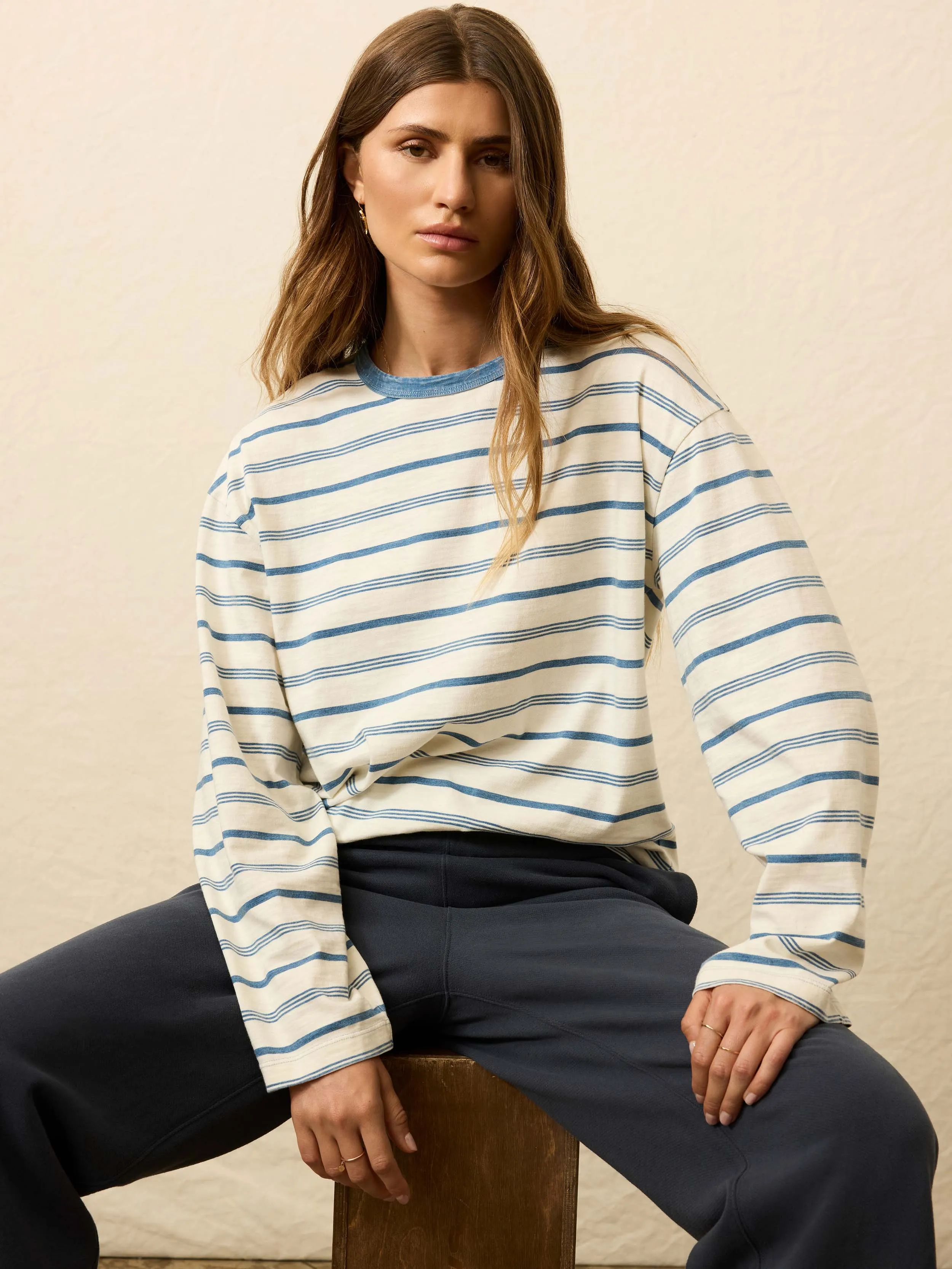 Sunwashed Long-Sleeve Retro Tee - Indigo Tidelines sold by Faherty