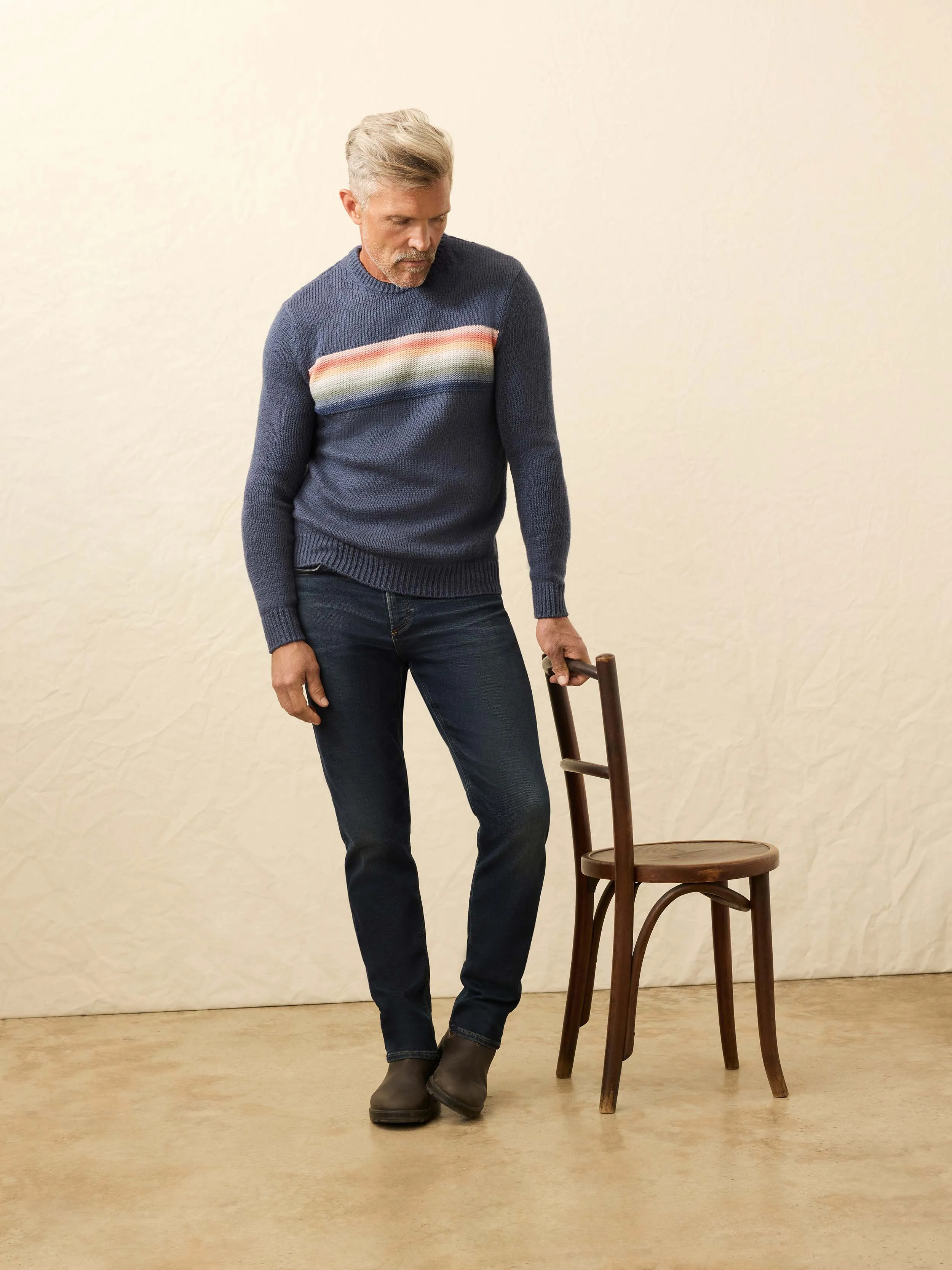 Heirloom Cotton Crewneck Sweater - Navy Lake Torch Stripe sold by Faherty