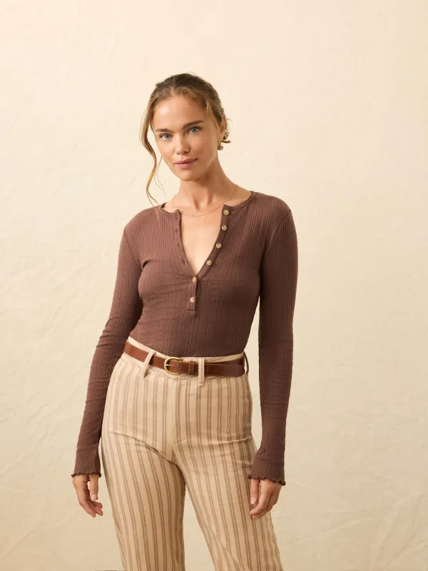Paradise Pointelle Henley - Chocolate Brown sold by Faherty