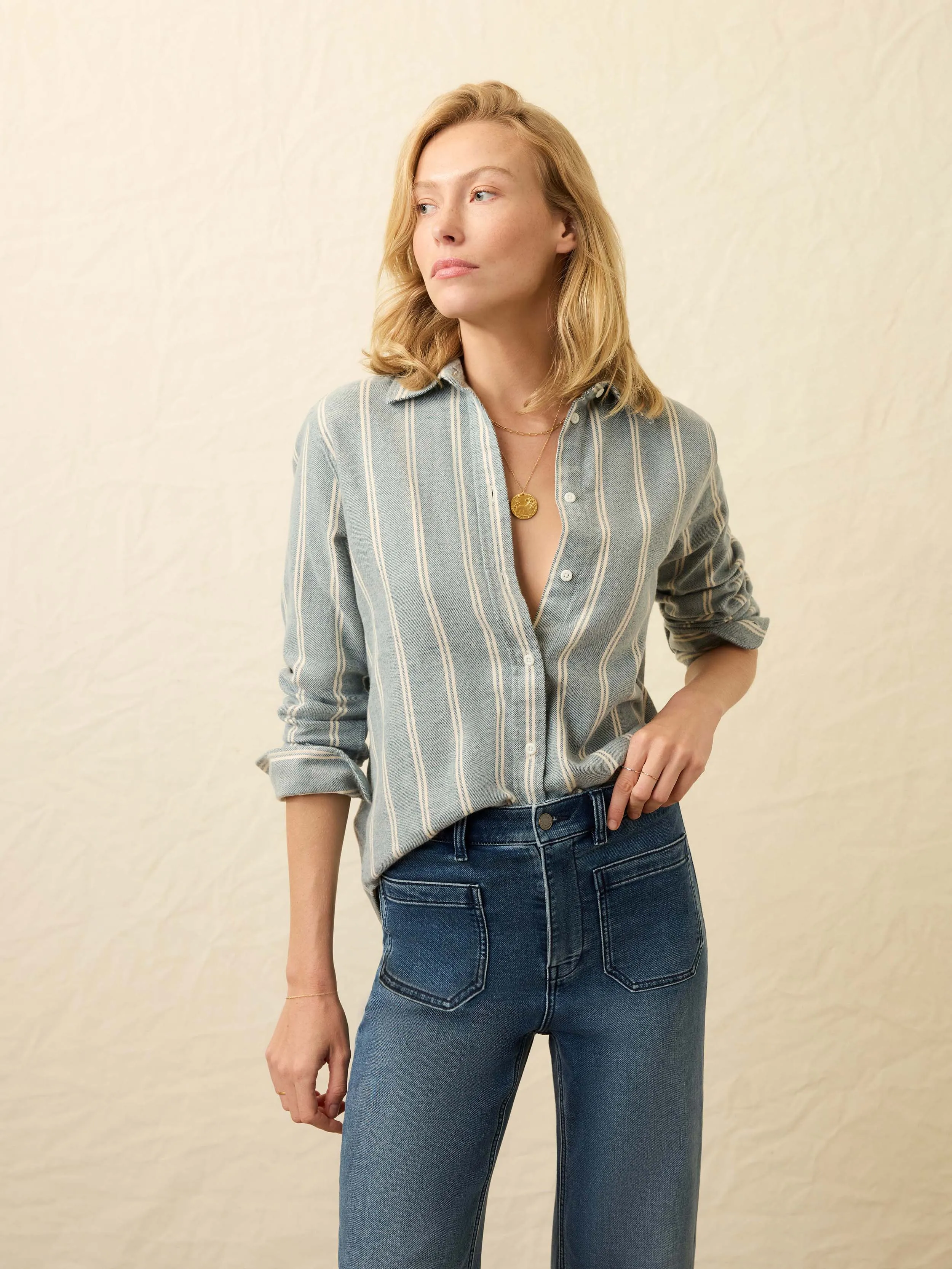 Heirloom Portuguese Flannel Relaxed Shirt - Blue Cove Stripe sold by Faherty