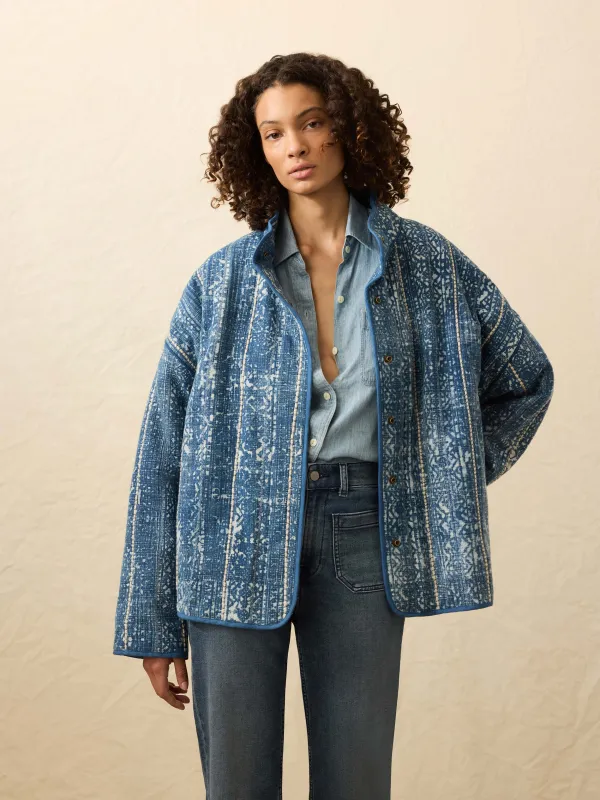 Indigo Quilted Patchwork Jacket - Akola Blockprint sold by Faherty