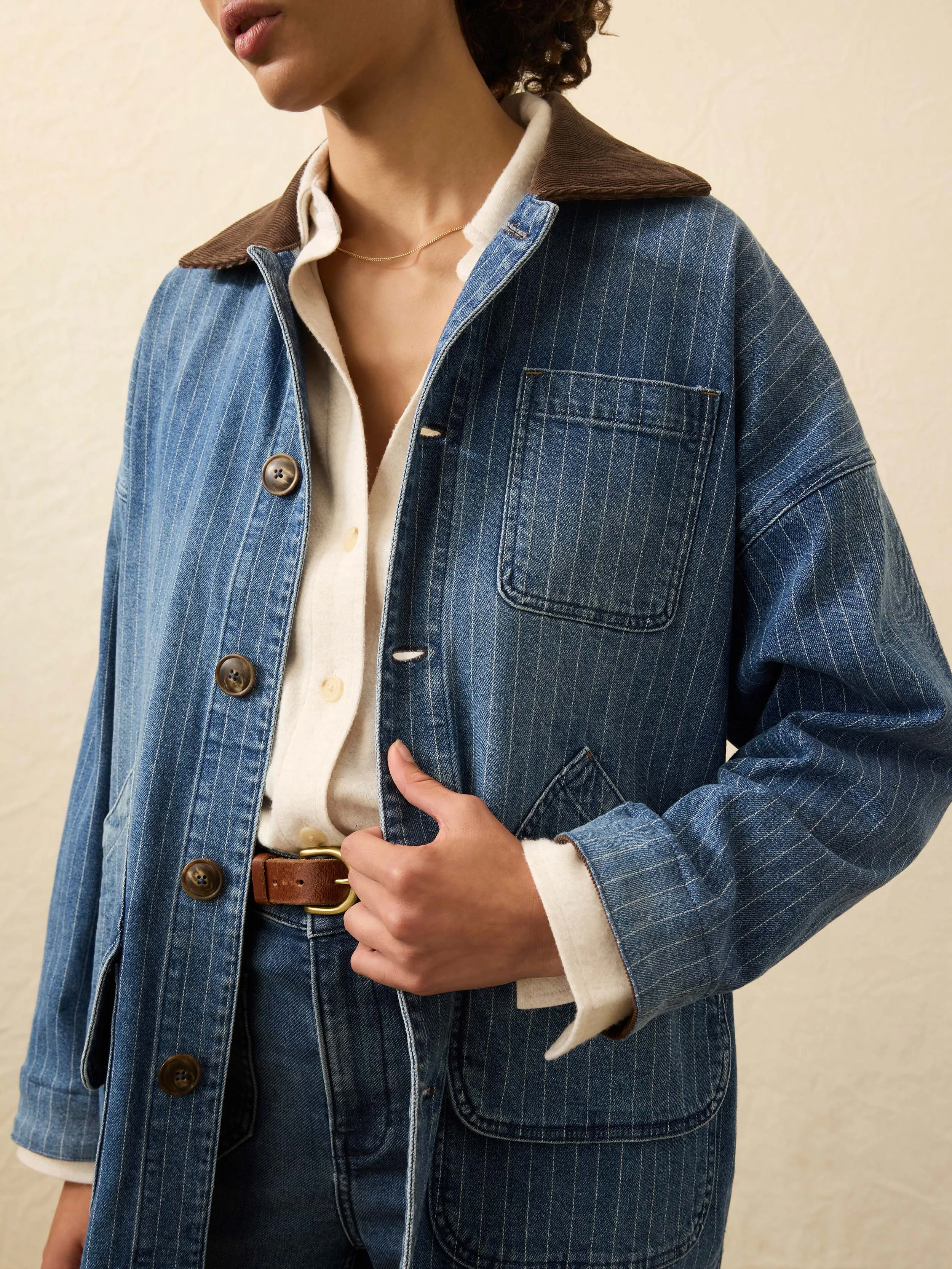 Sunwashed Denim Barn Jacket - Dusk Stripe Wash sold by Faherty