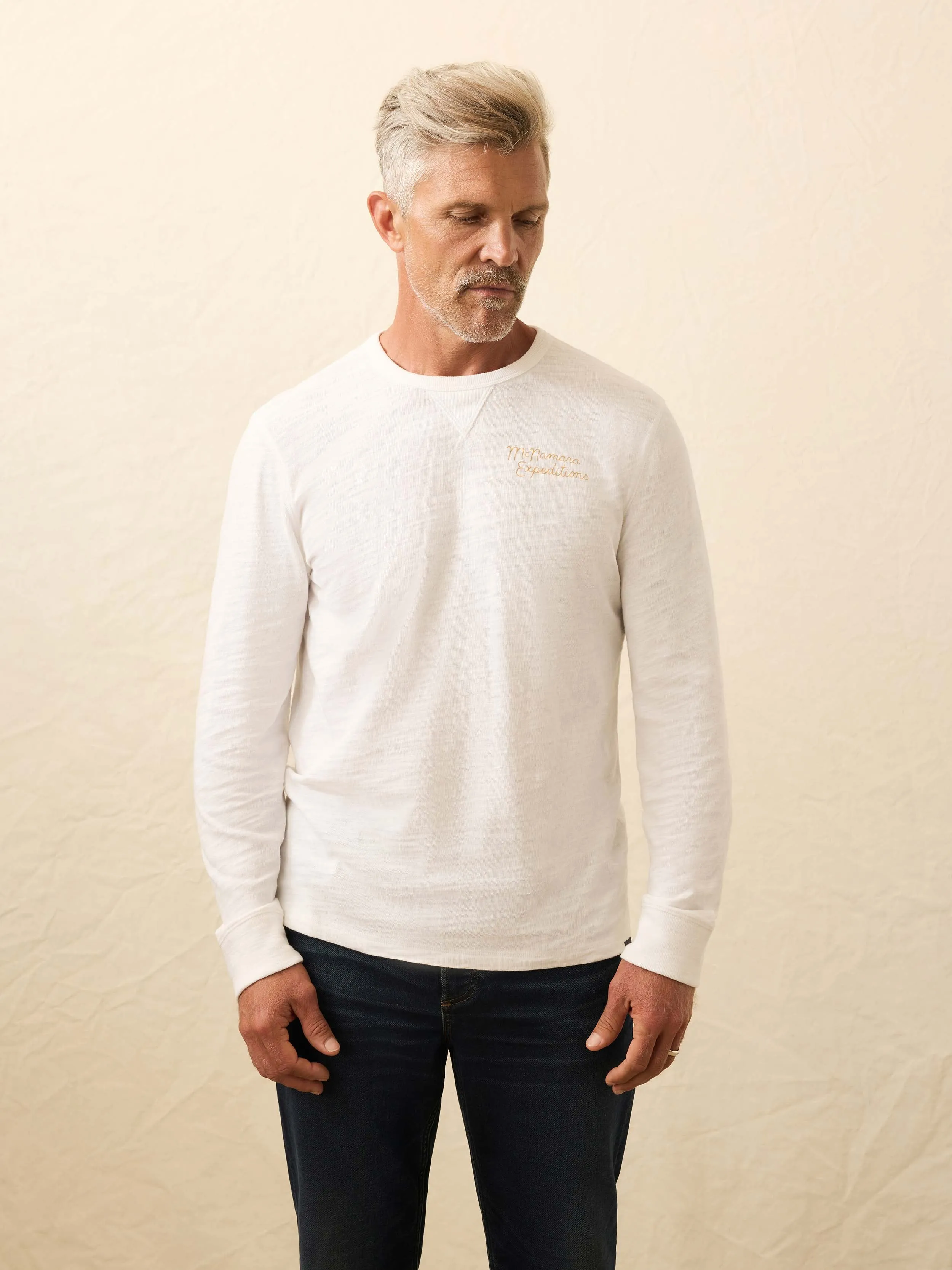 Nazare Sunwashed Slub Crew - White sold by Faherty