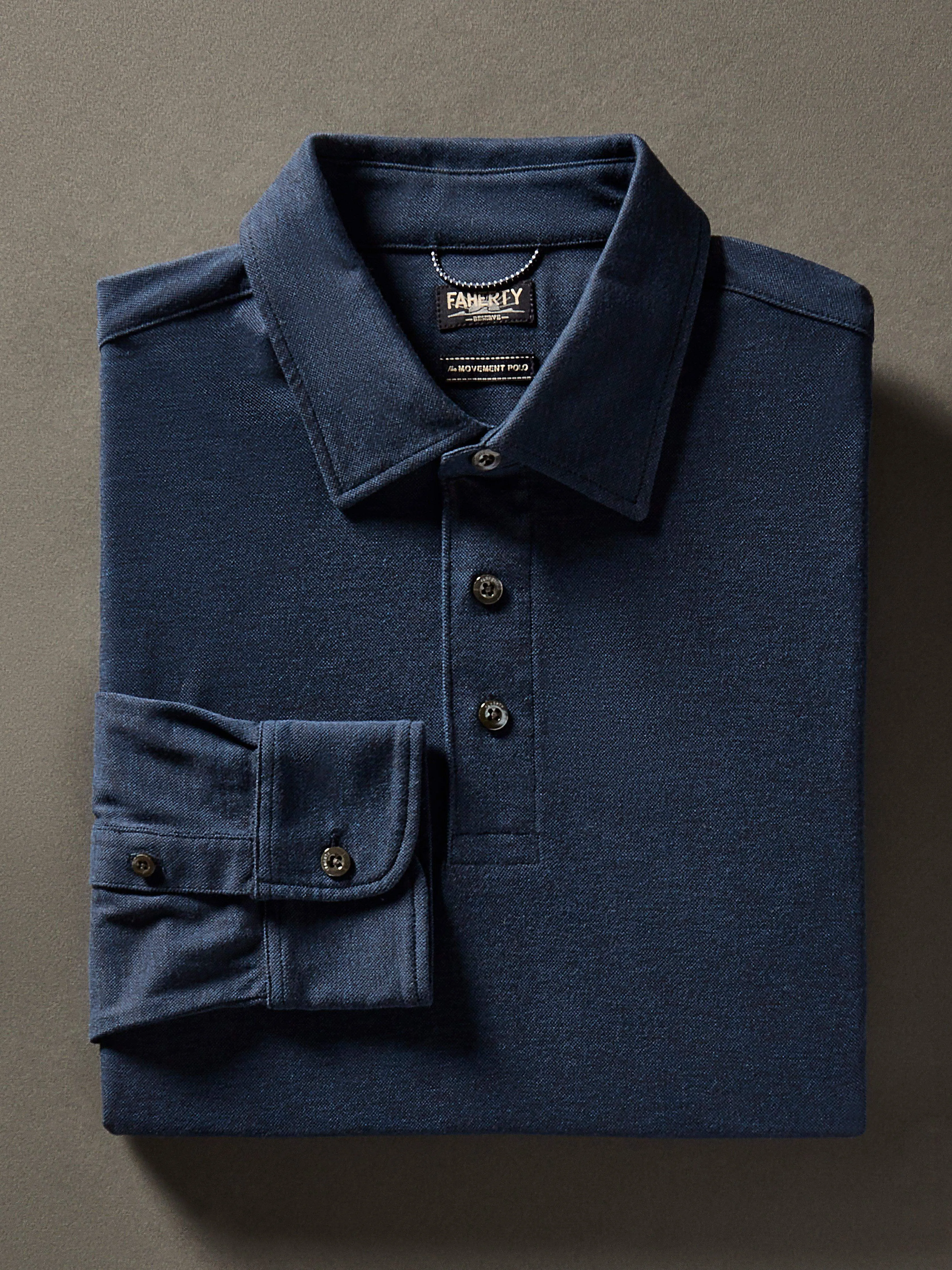 Long-Sleeve Movement™ Pique Polo - Harbor Night Heather sold by Faherty