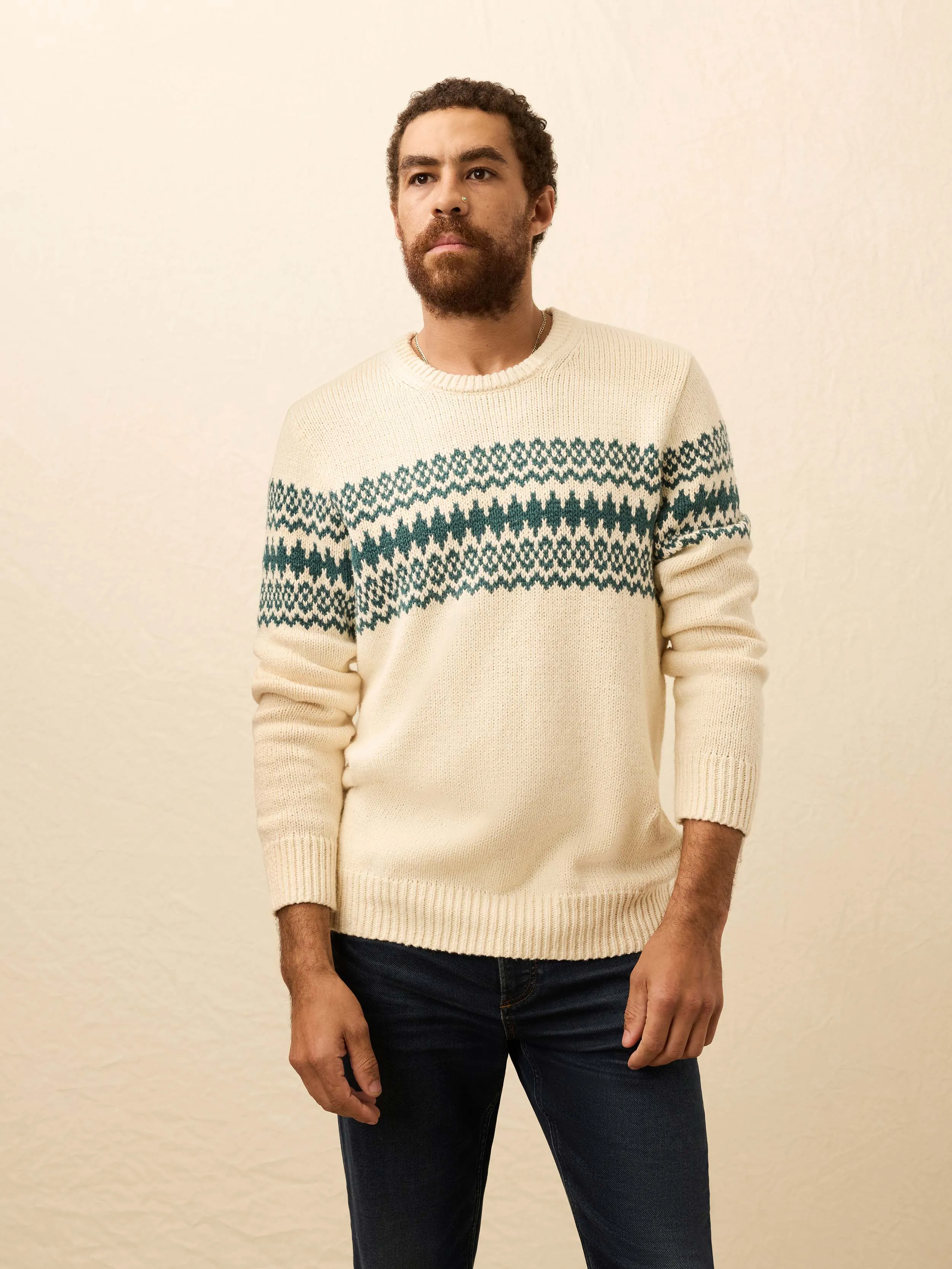 Heirloom Cotton Crewneck Sweater - Cream Forest Fairisle sold by Faherty