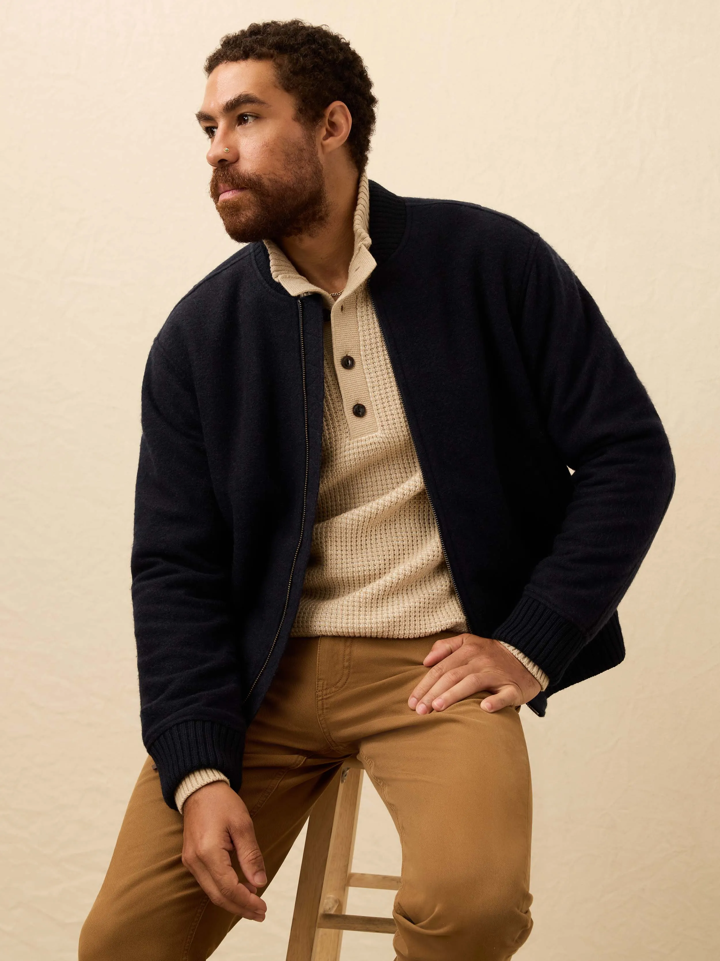 Range Fleece Lined Bomber - Navy Shadow Twill sold by Faherty