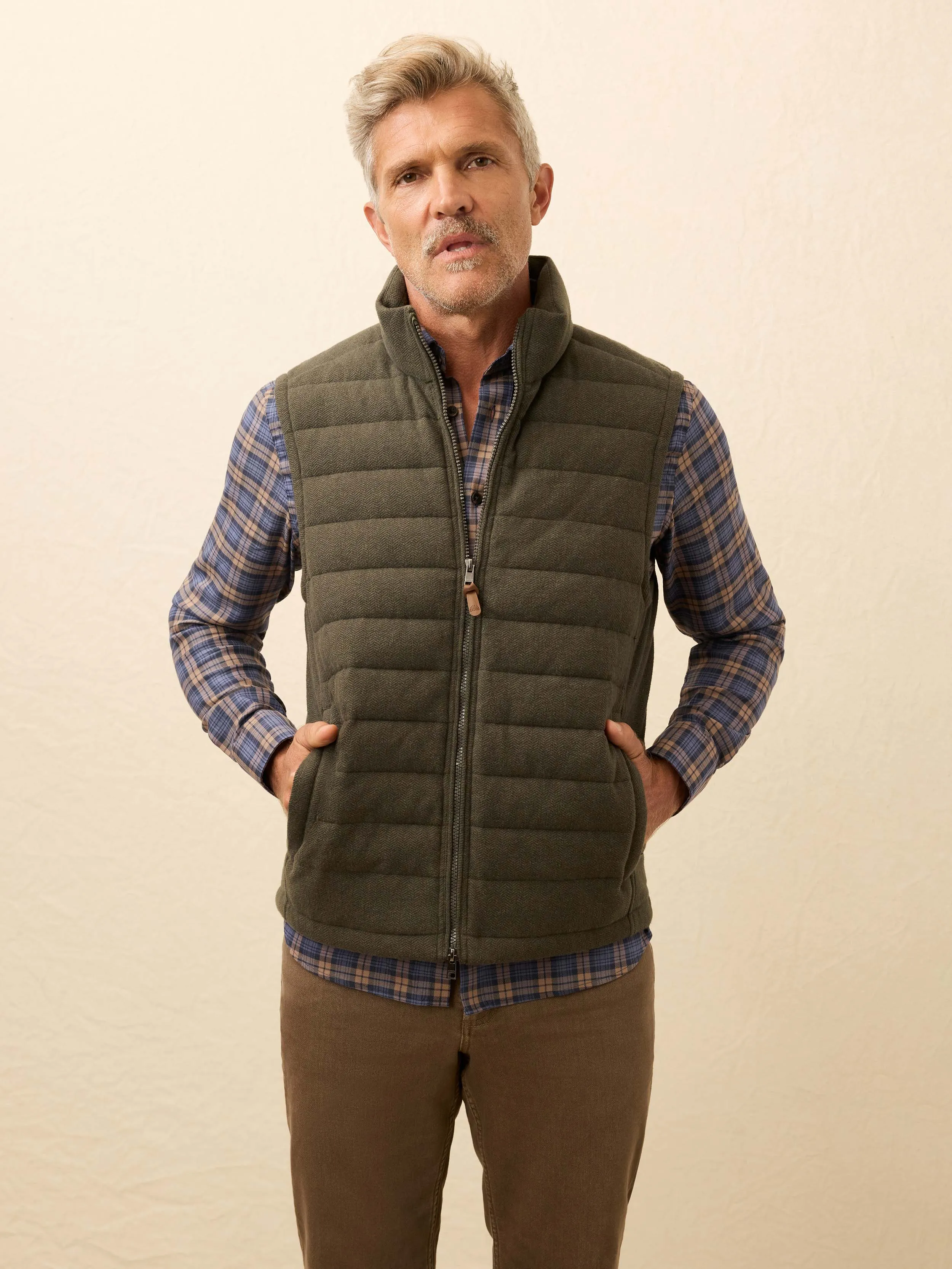 Teton Valley Vest - Olive Lake Herringbone sold by Faherty