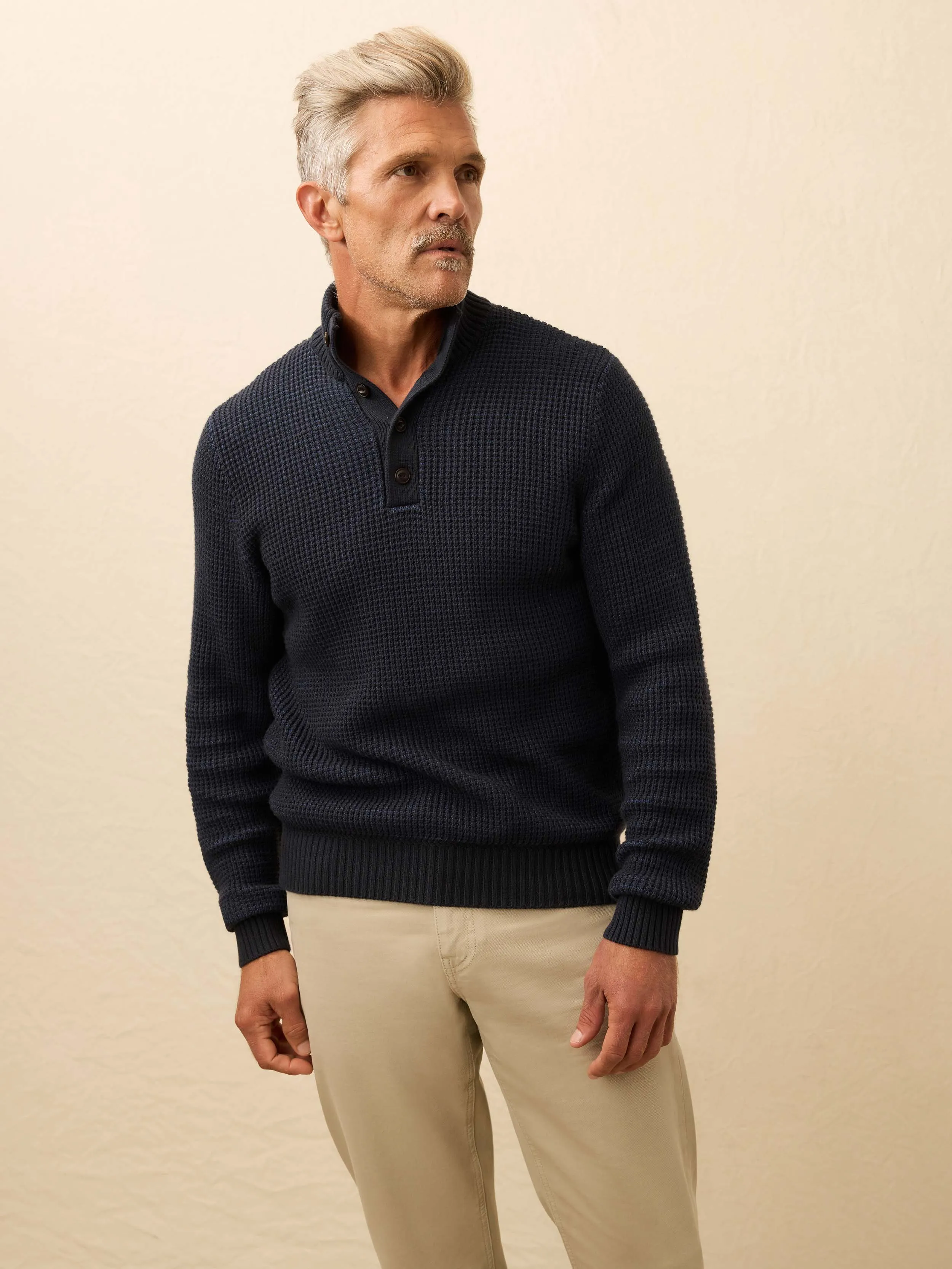 Quarter Button Sweater - Winter Navy sold by Faherty
