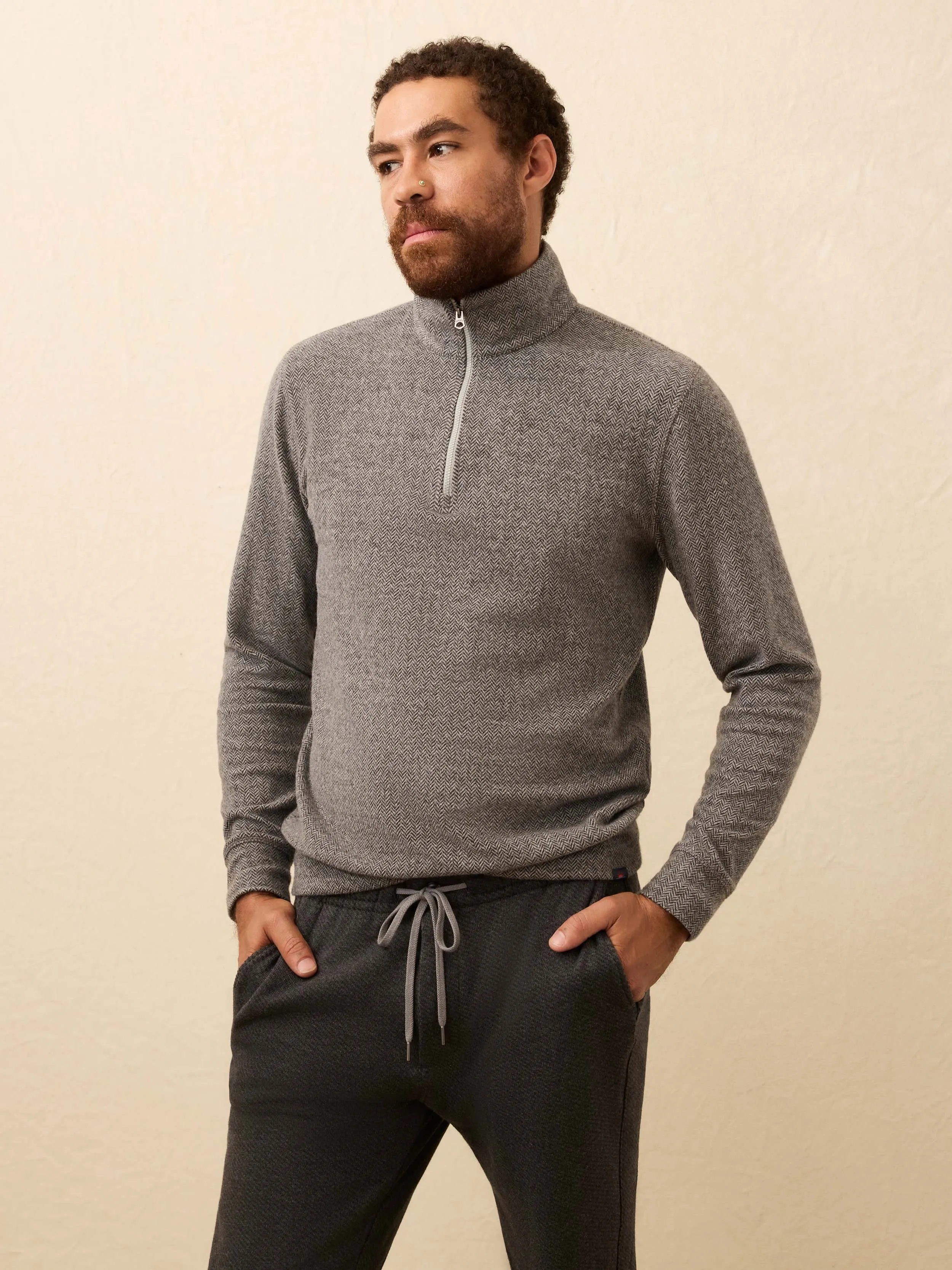 Legend Sweater Quarter Zip - Alpine Grey Herringbone sold by Faherty