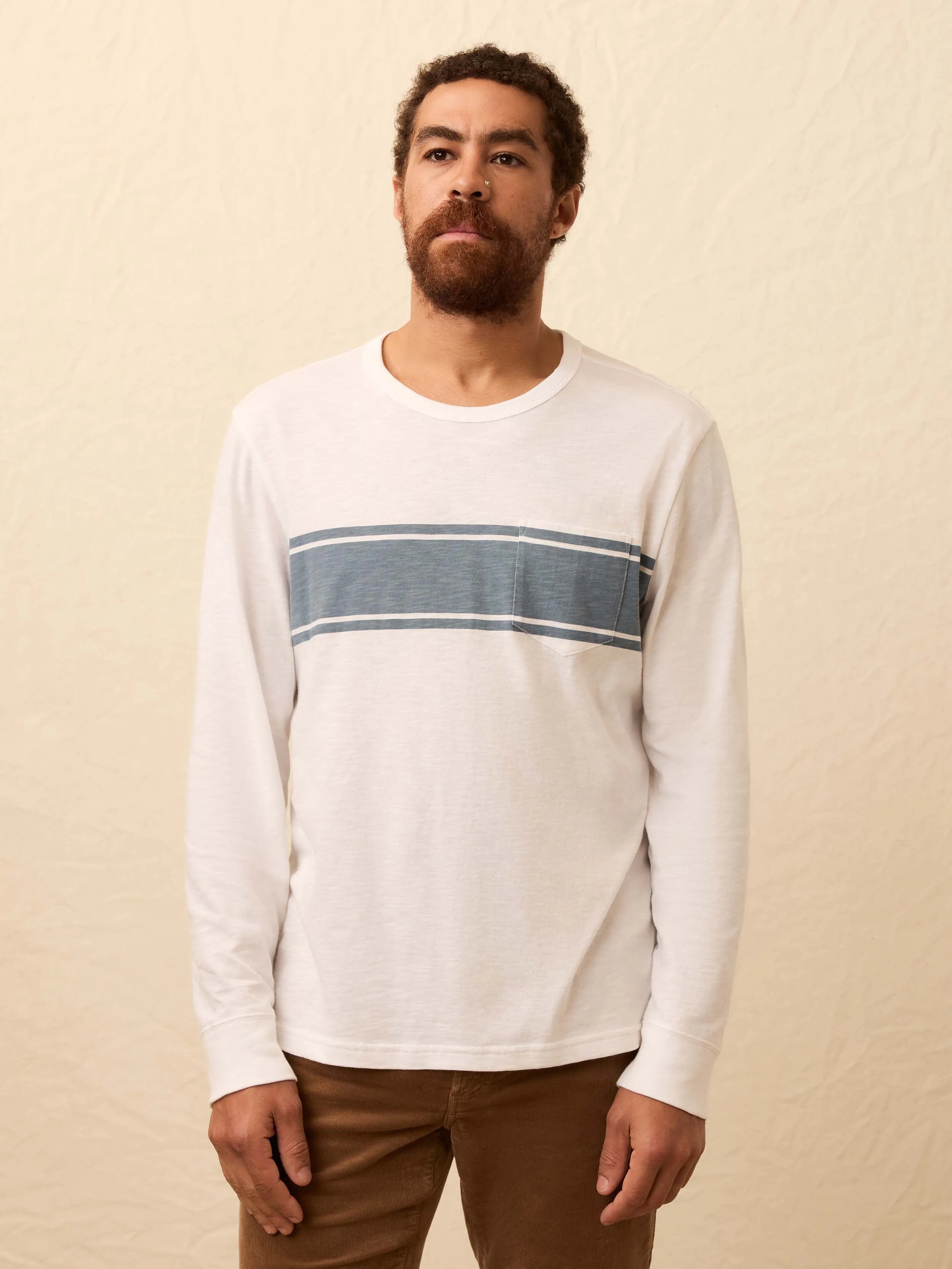 Long-Sleeve Sunwashed Pocket Tee - White Surf Stripe sold by Faherty product image thumbnail 3