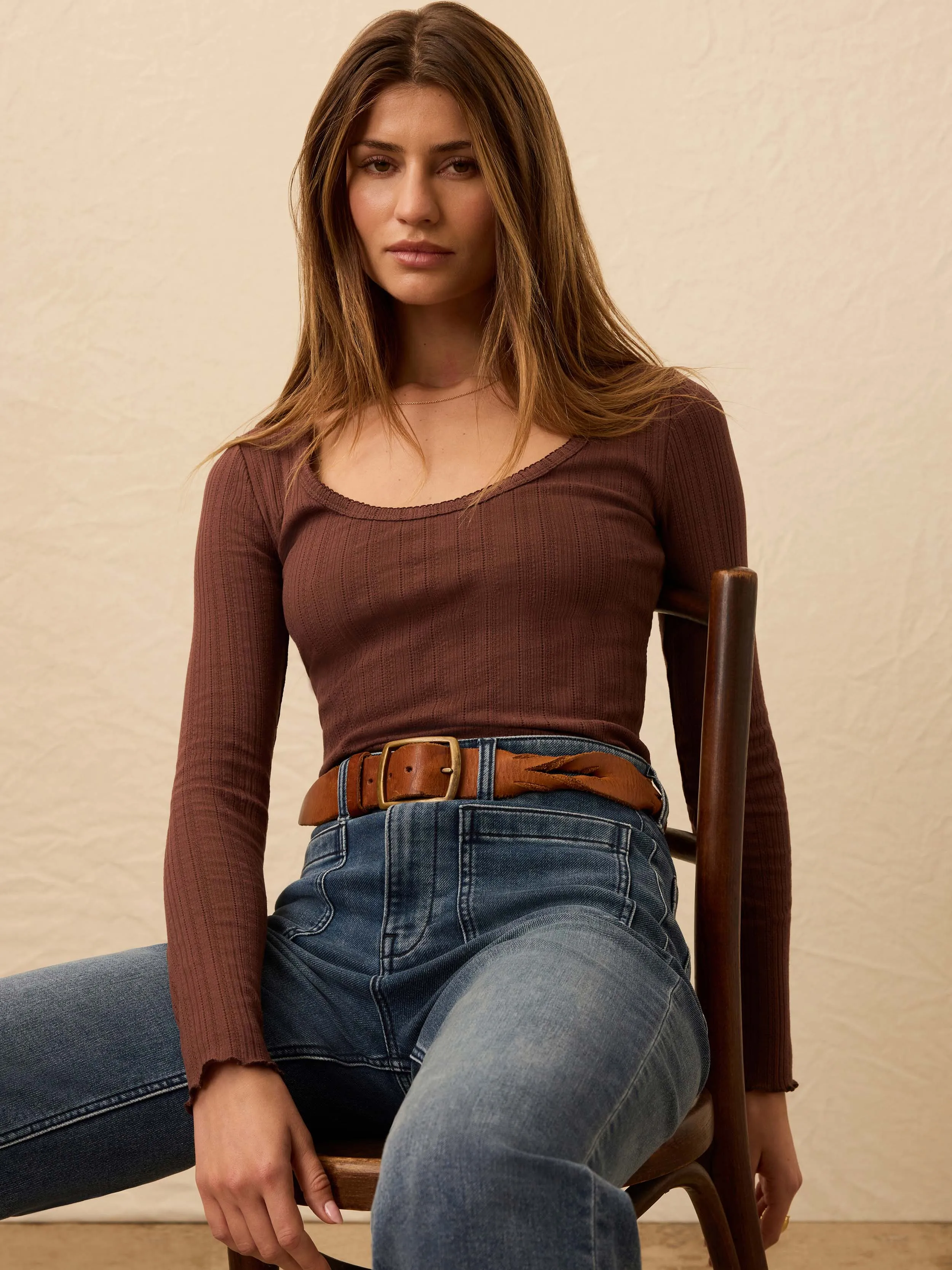 Paradise Pointelle Scoop Neck - Chocolate Brown sold by Faherty product image thumbnail 5