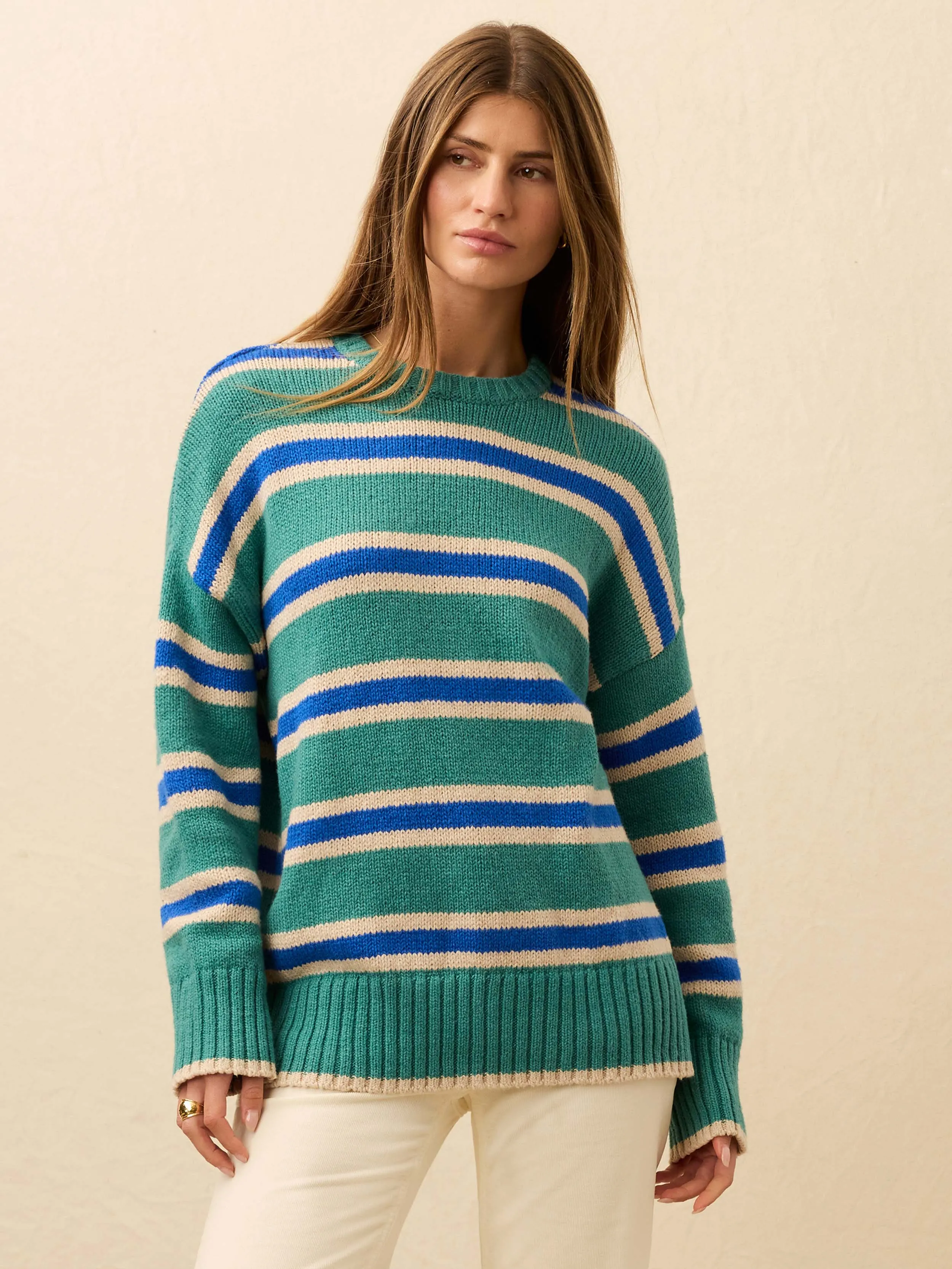 Heirloom Cotton Summit Pullover - Shoreline Green Stripe sold by Faherty