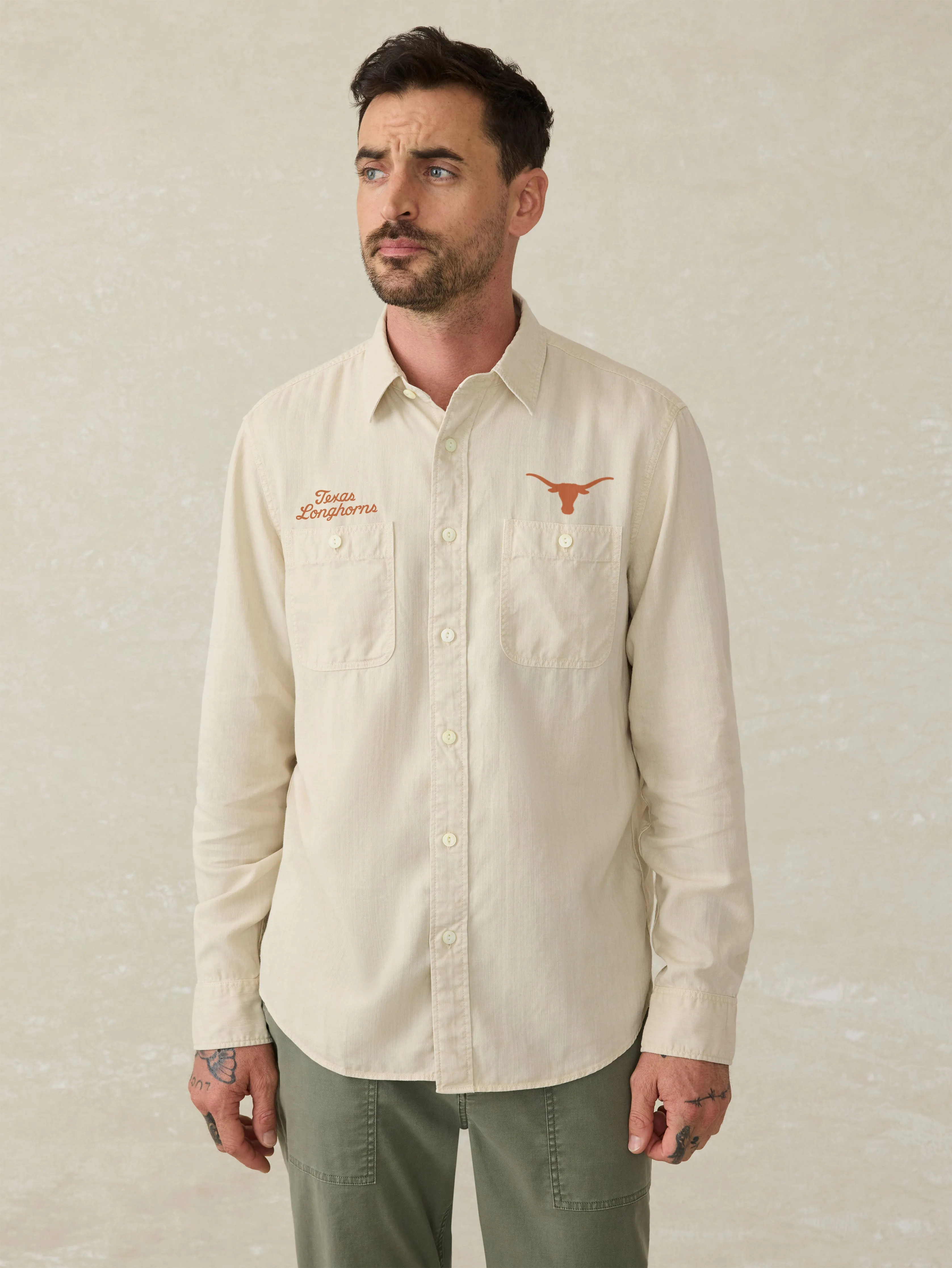 University of Texas Tried And True Chambray Workshirt - Coastal Cream sold by Faherty