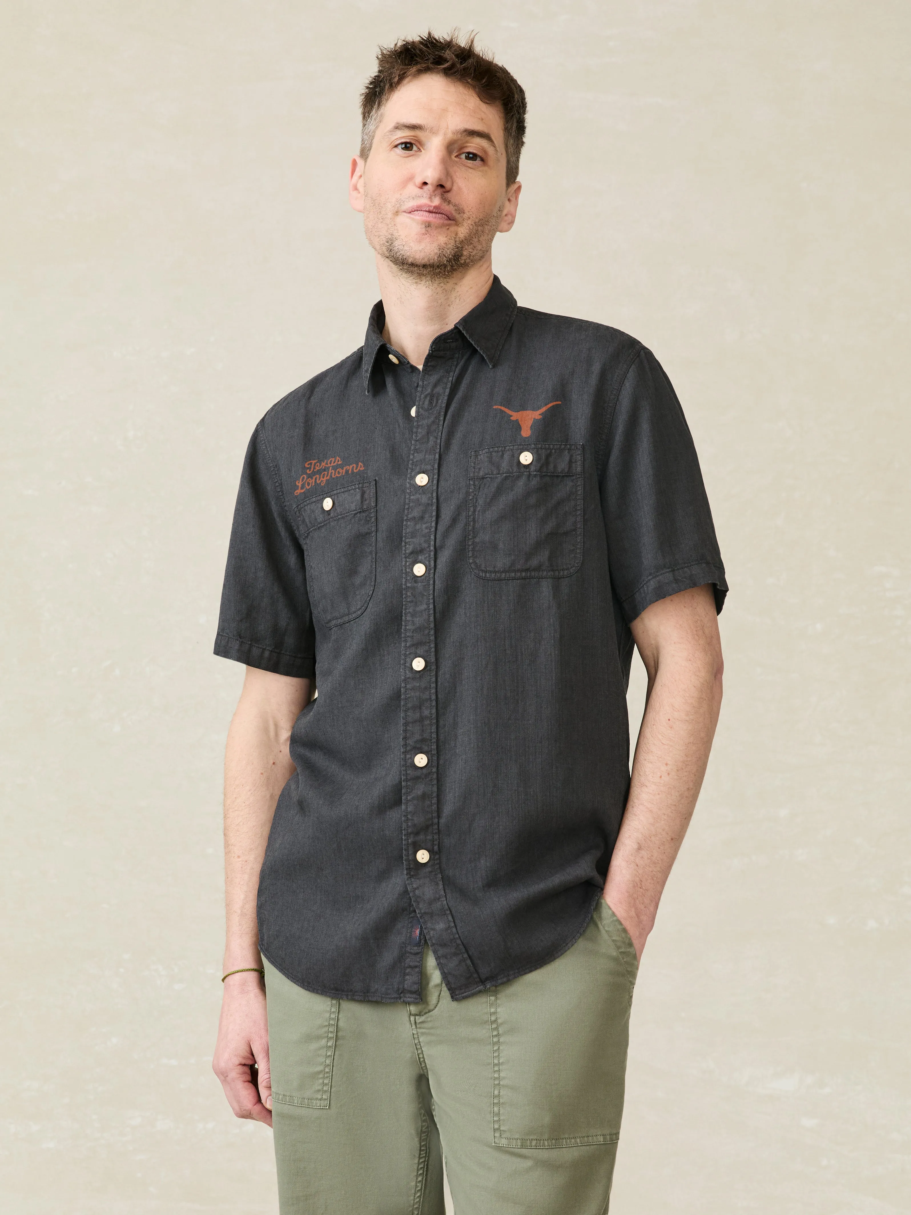 University of Texas Short-Sleeve Tried And True Chambray Workshirt - Durango Black sold by Faherty