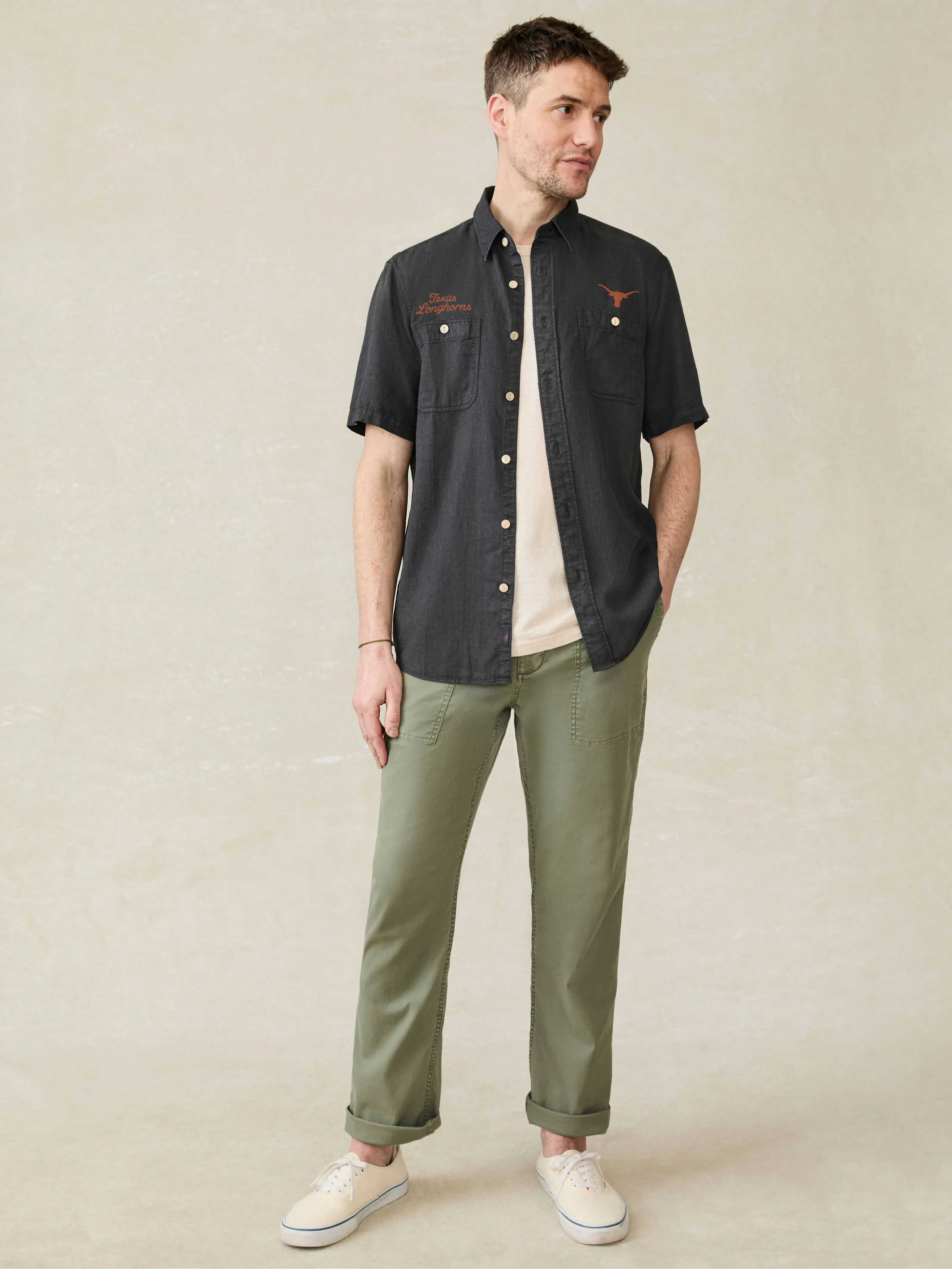 University of Texas Short-Sleeve Tried And True Chambray Workshirt - Durango Black sold by Faherty product image thumbnail 2