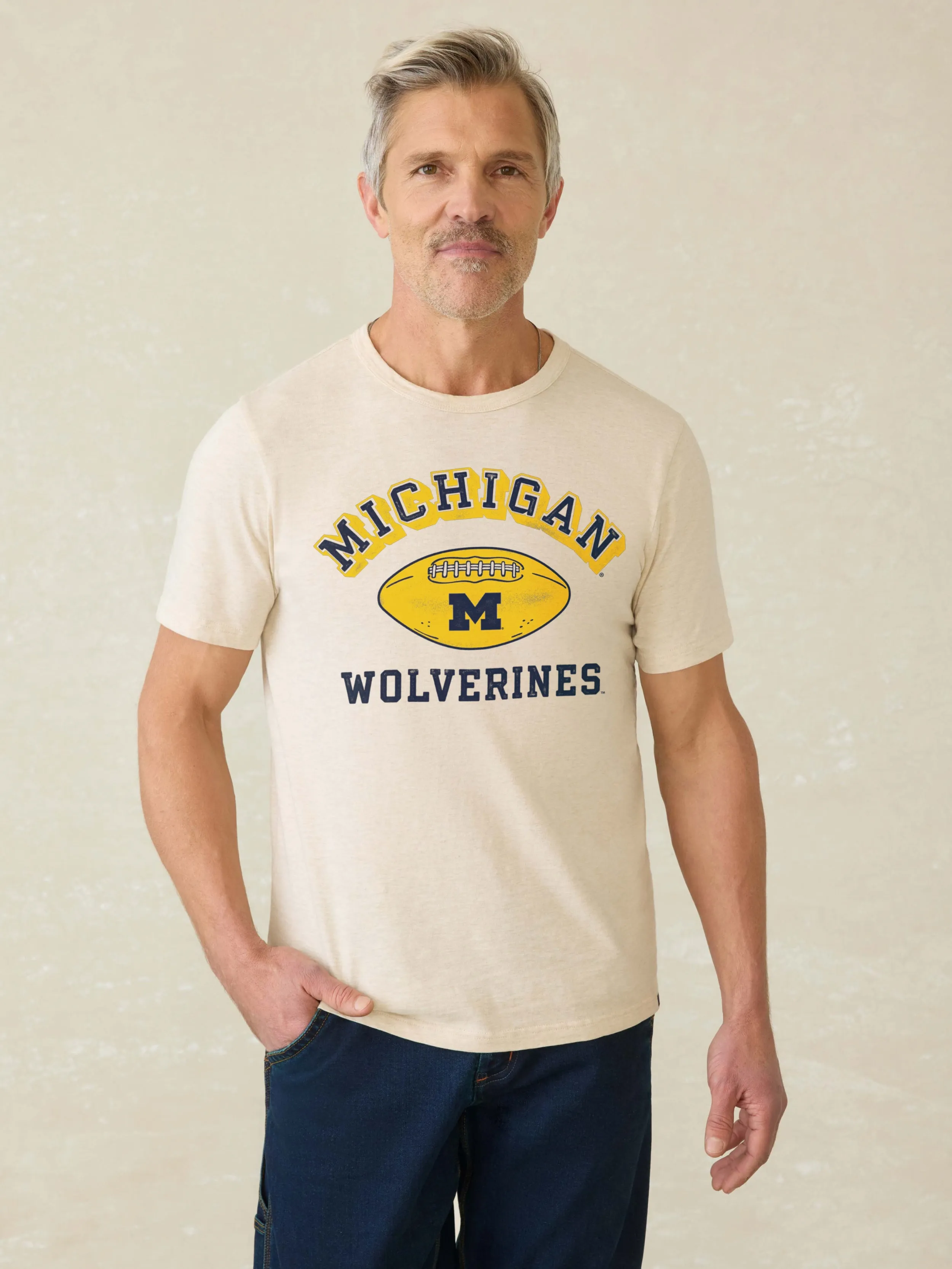 University of Michigan Sunwashed Tee - Island Dune Heather sold by Faherty