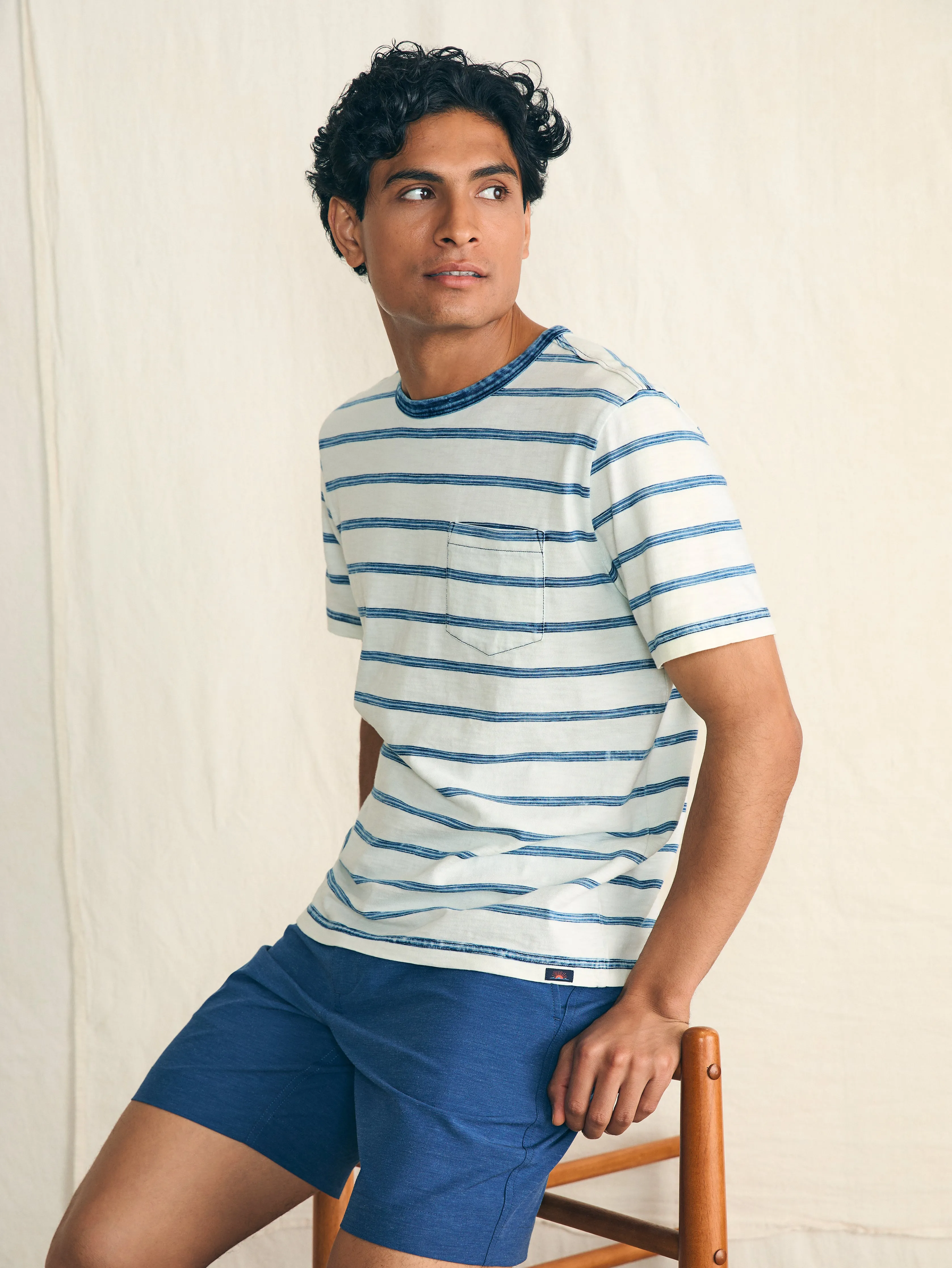 Short-Sleeve Indigo Pocket Tee - Indigo Tide Stripe sold by Faherty