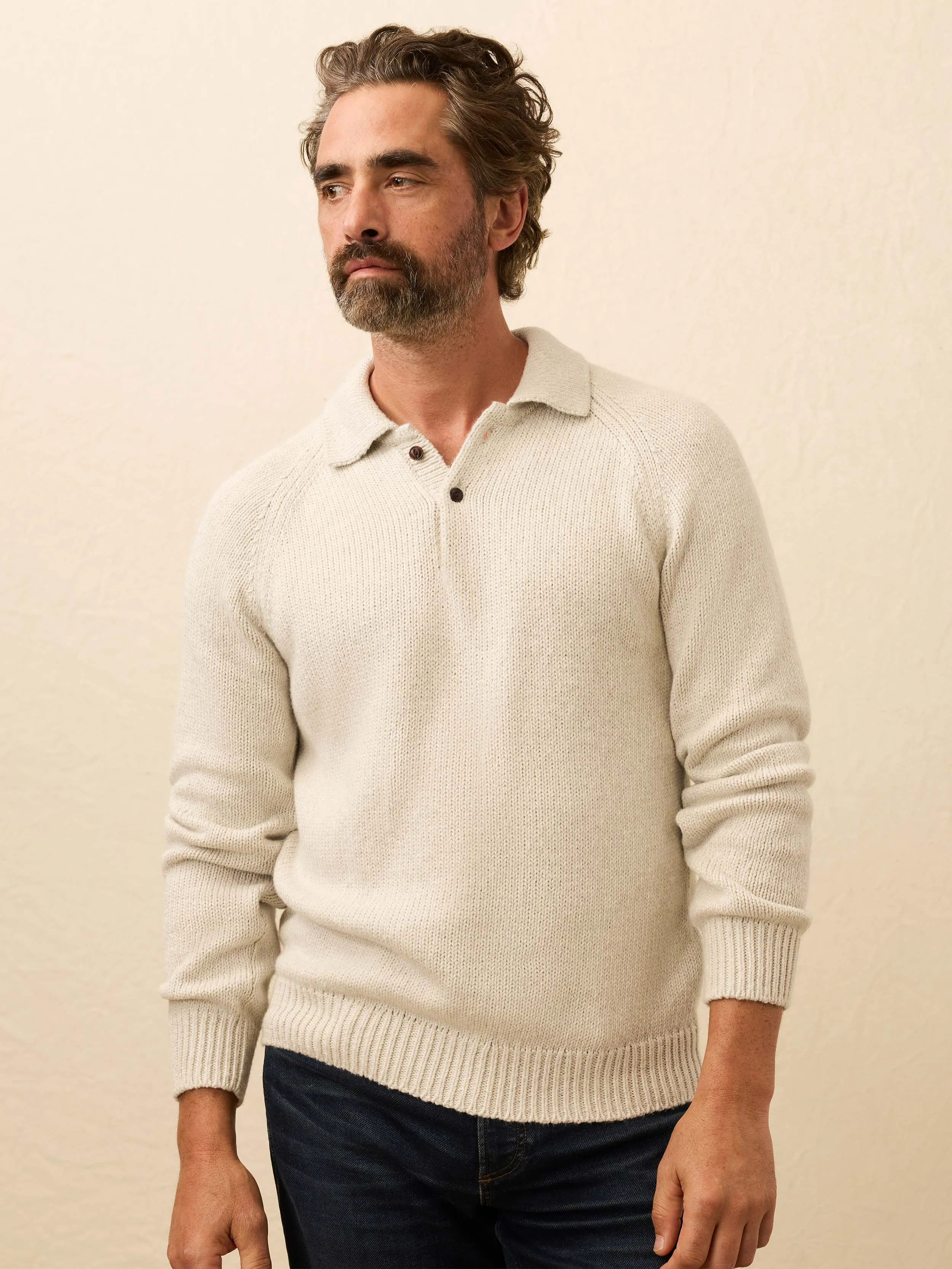 Heirloom Long-Sleeve Sweater Polo - Heather Grey sold by Faherty