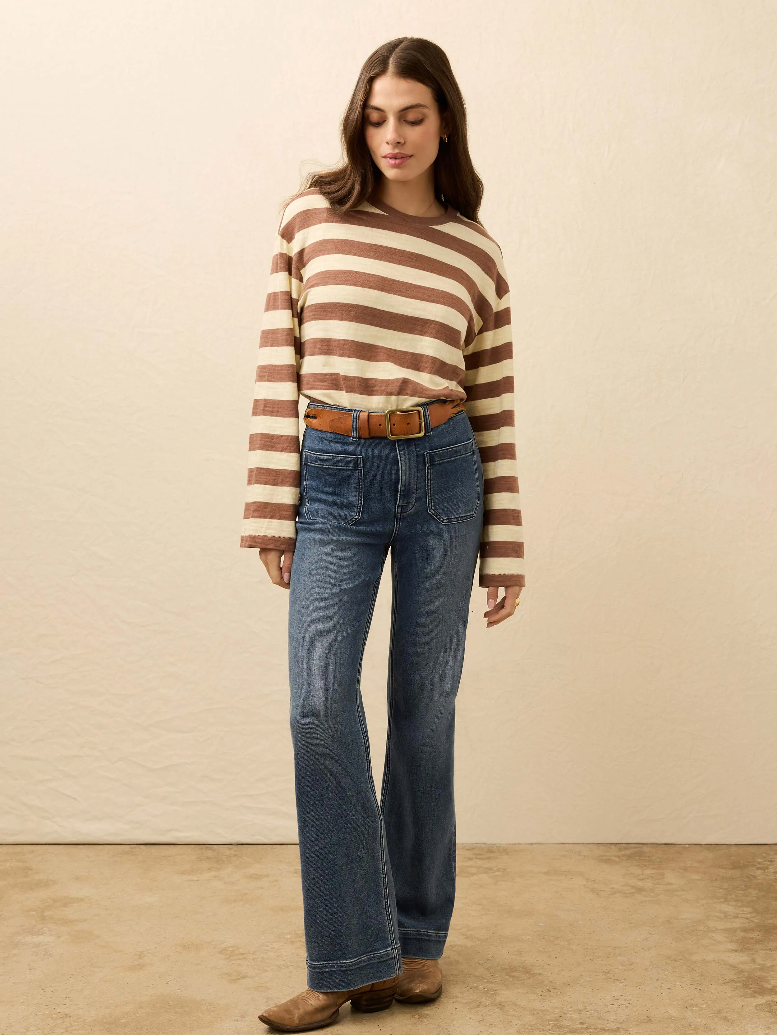 Sunwashed Slub Long-Sleeve Retro Tee - Nutmeg Stripe sold by Faherty product image thumbnail 4