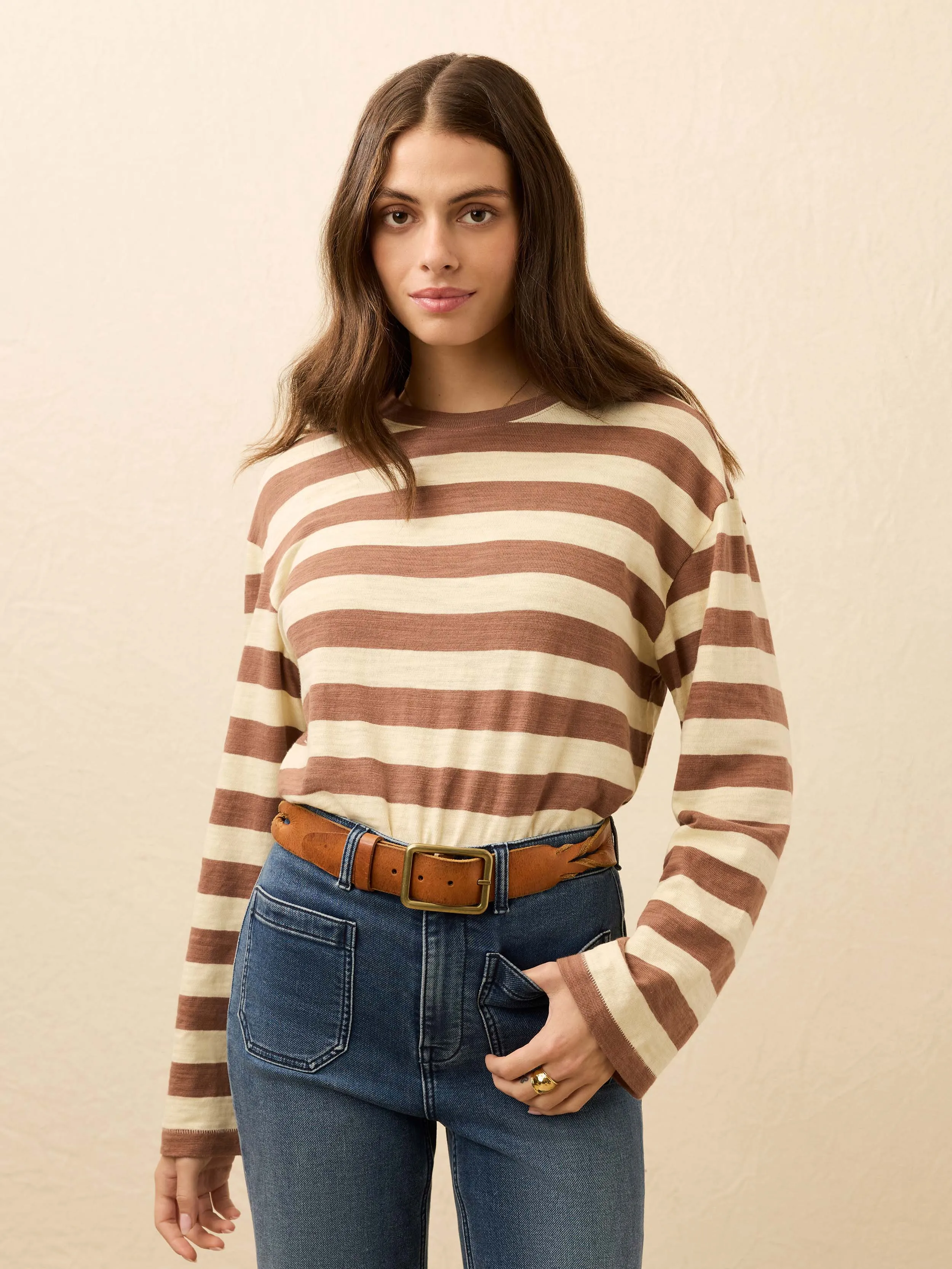 Sunwashed Slub Long-Sleeve Retro Tee - Nutmeg Stripe sold by Faherty product image thumbnail 2