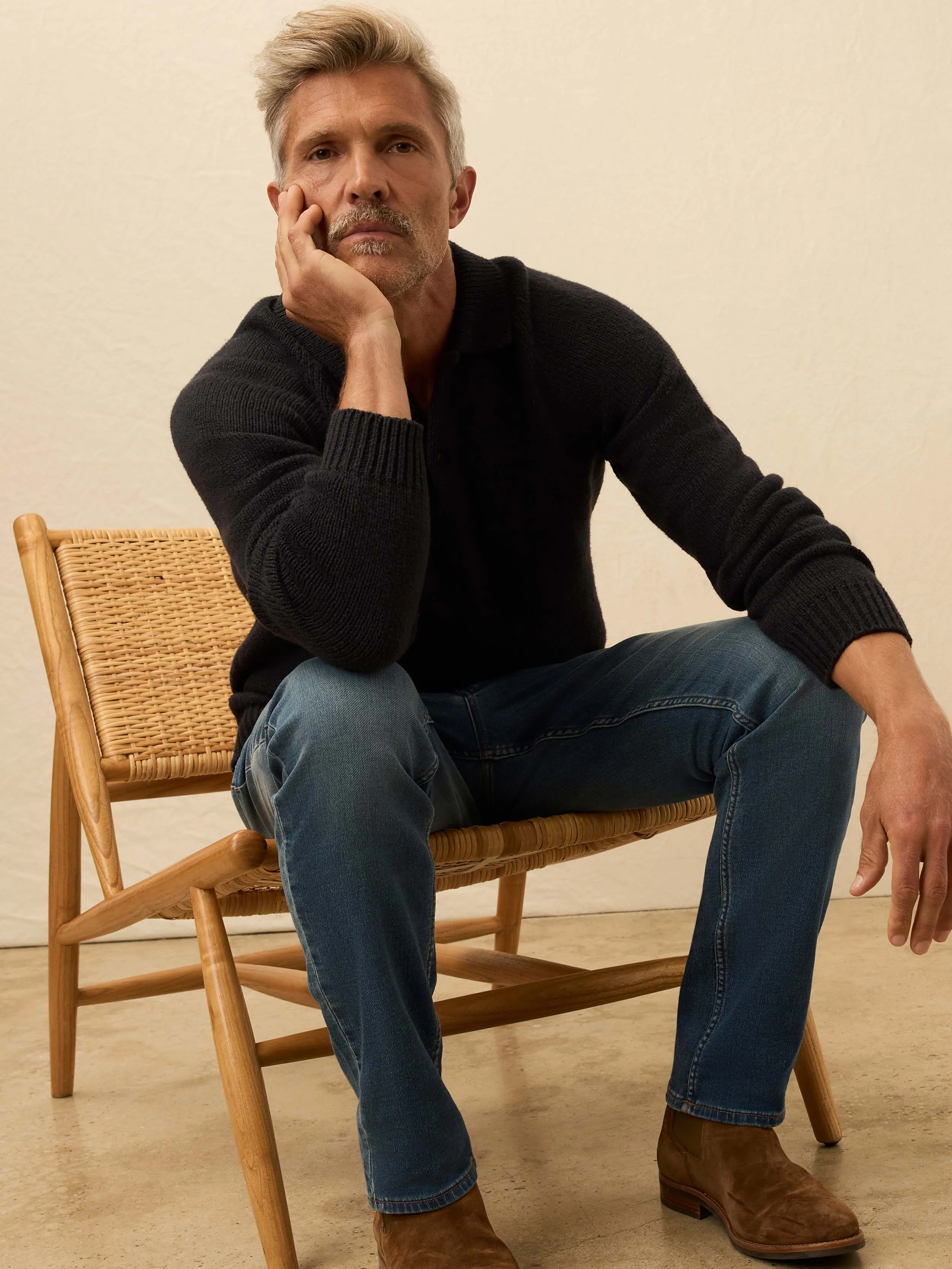 Heirloom Long-Sleeve Sweater Polo - Ridge Black sold by Faherty