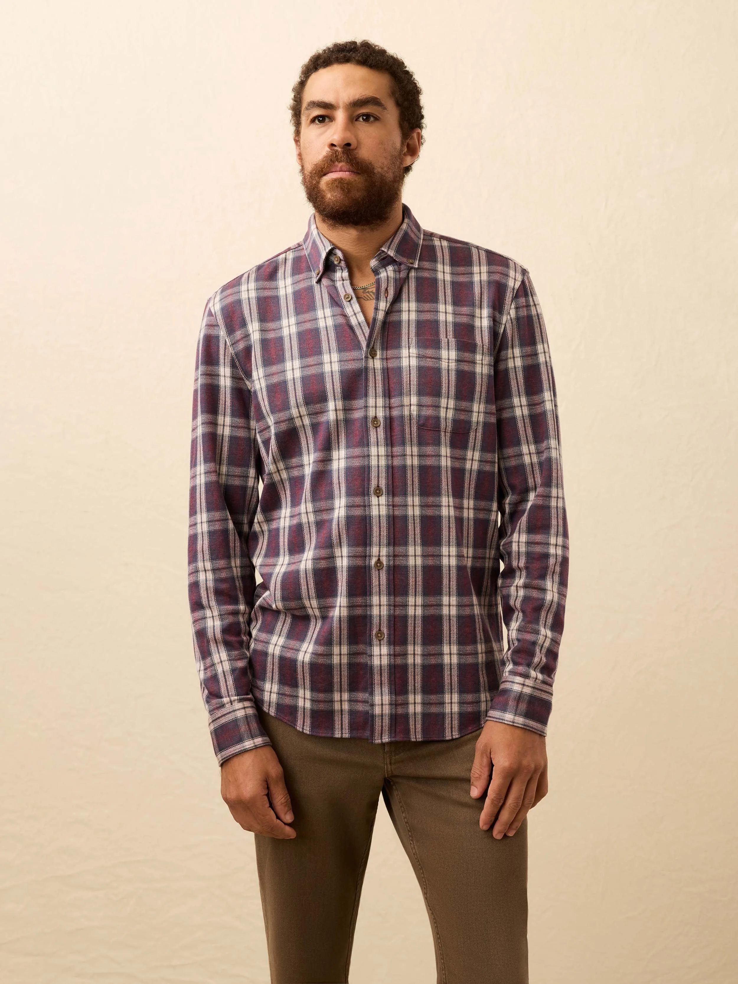 Coastline Knit Shirt - Burgundy Oak Plaid sold by Faherty
