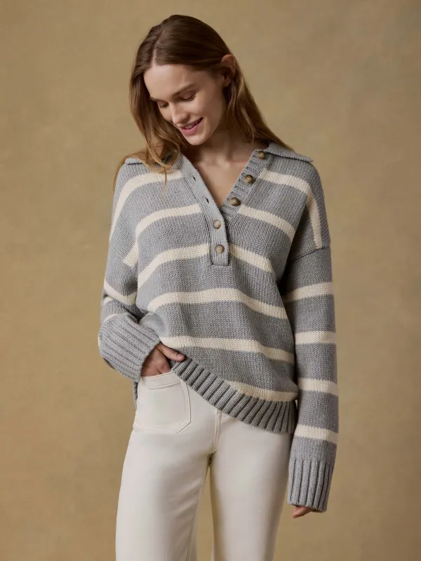 Sunwashed Cotton Polo Sweater - Grey Heather Stripe sold by Faherty