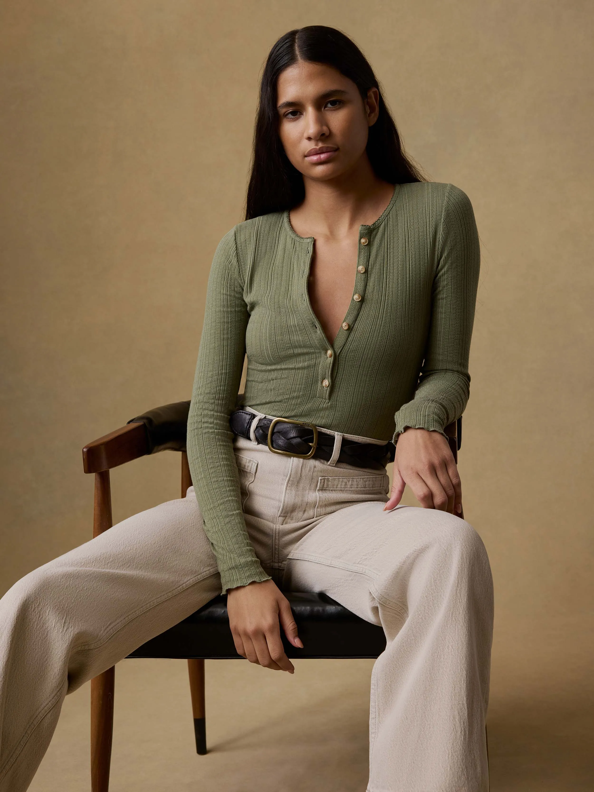 Paradise Pointelle Henley - Island Olive sold by Faherty