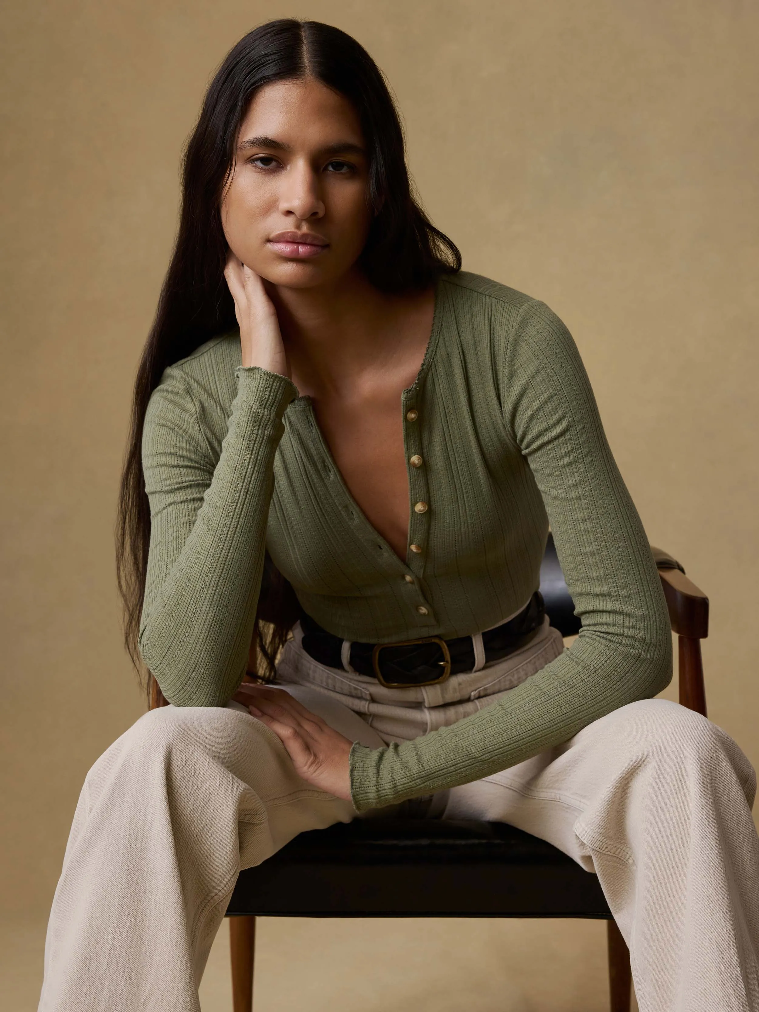 Paradise Pointelle Henley - Island Olive sold by Faherty product image thumbnail 3