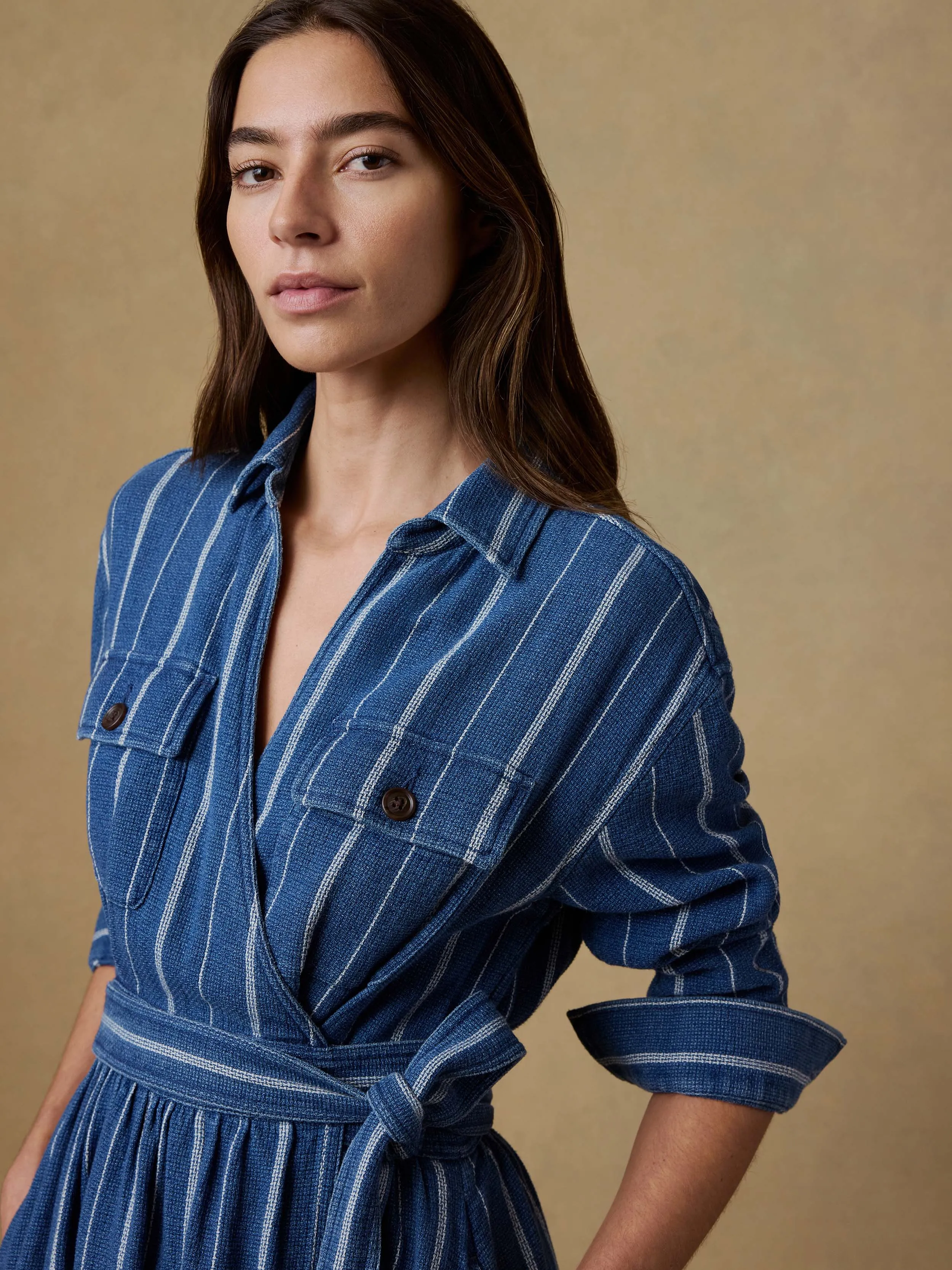 Island Tide Julia Wrap Dress - Indigo Drift Stripe sold by Faherty product image thumbnail 5