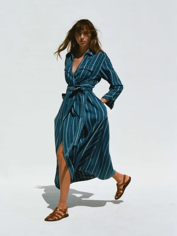 Island Tide Julia Wrap Dress - Indigo Drift Stripe sold by Faherty