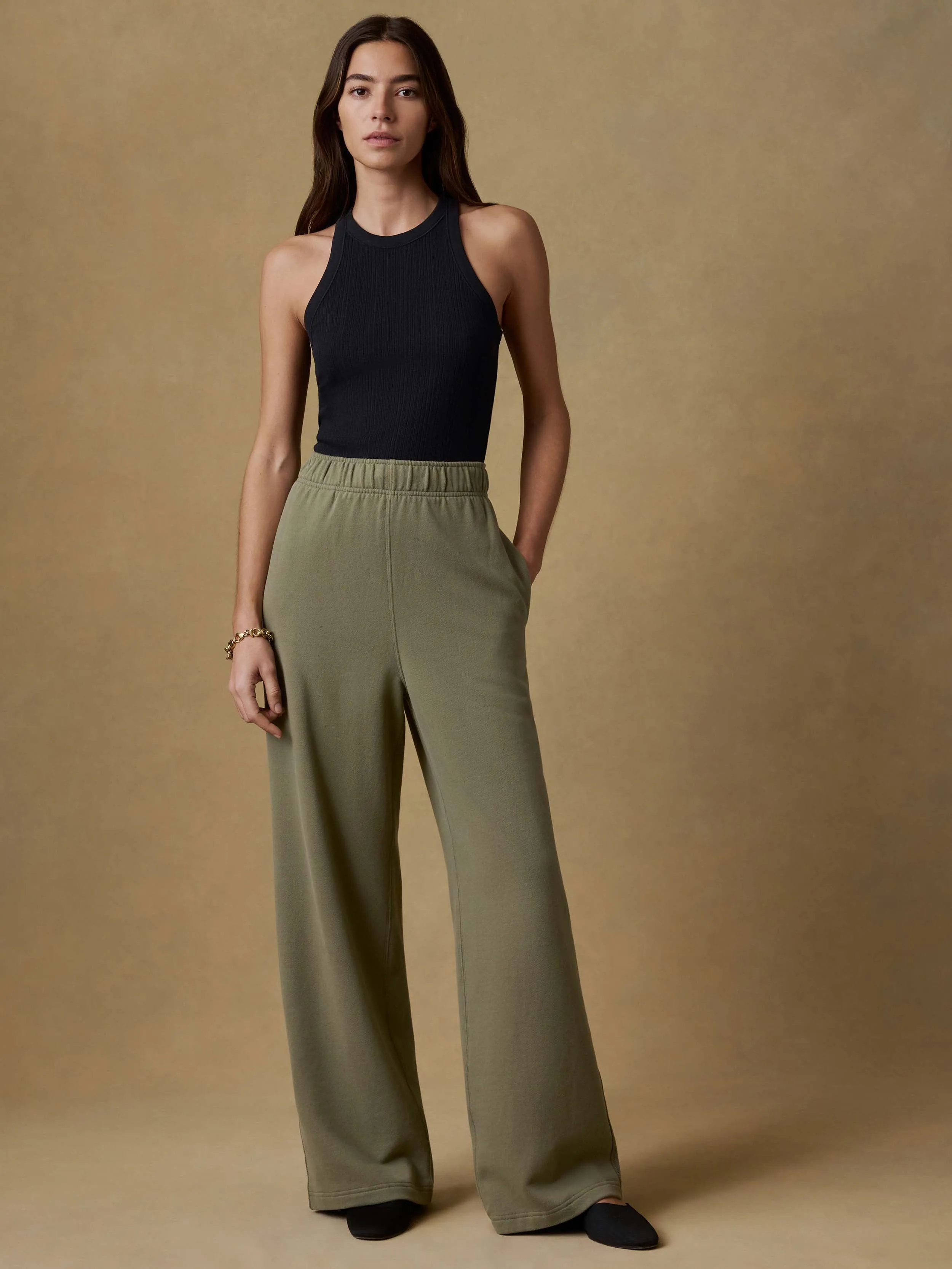 High Standard Fleece Wide Leg Sweatpant - Island Olive sold by Faherty