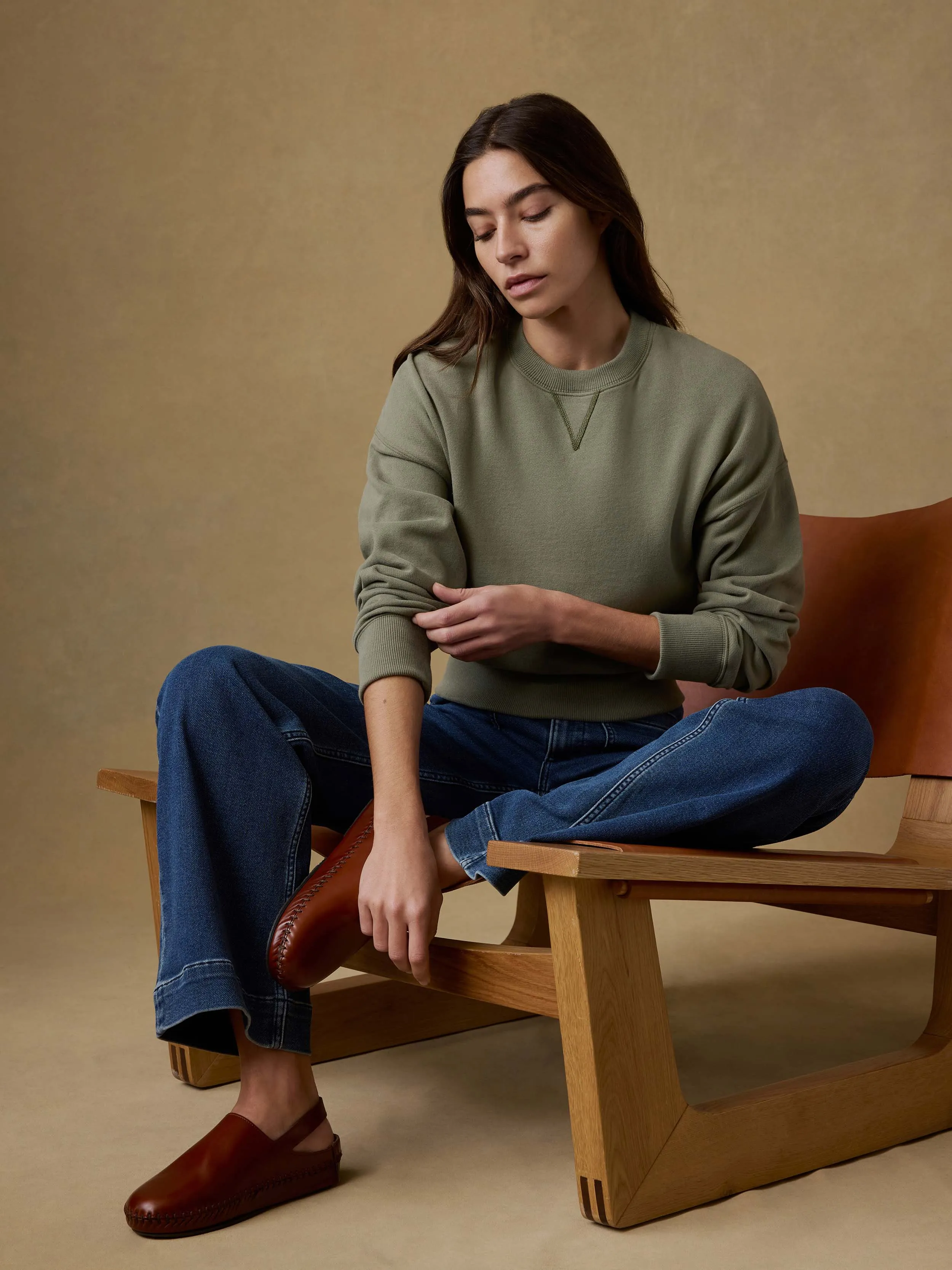 High Standard Fleece Vintage Crew - Island Olive sold by Faherty