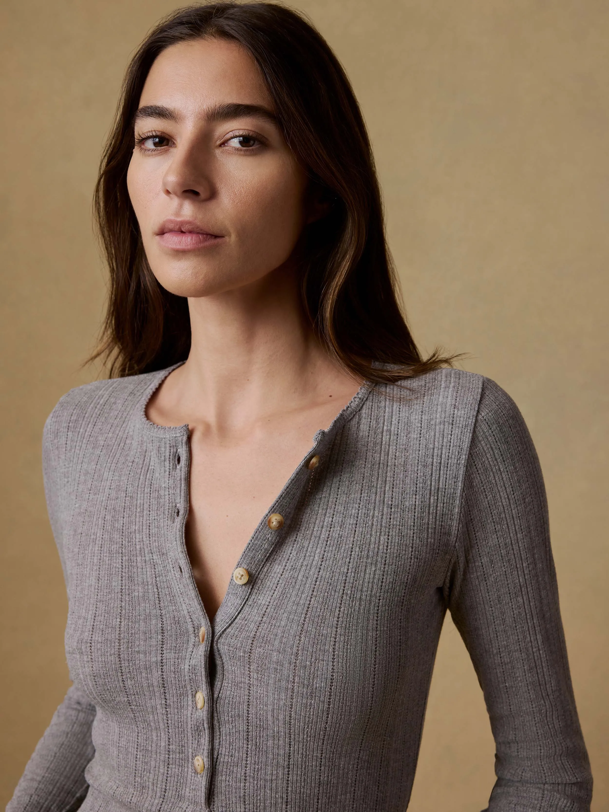 Paradise Pointelle Henley - Medium Grey Heather sold by Faherty product image thumbnail 3