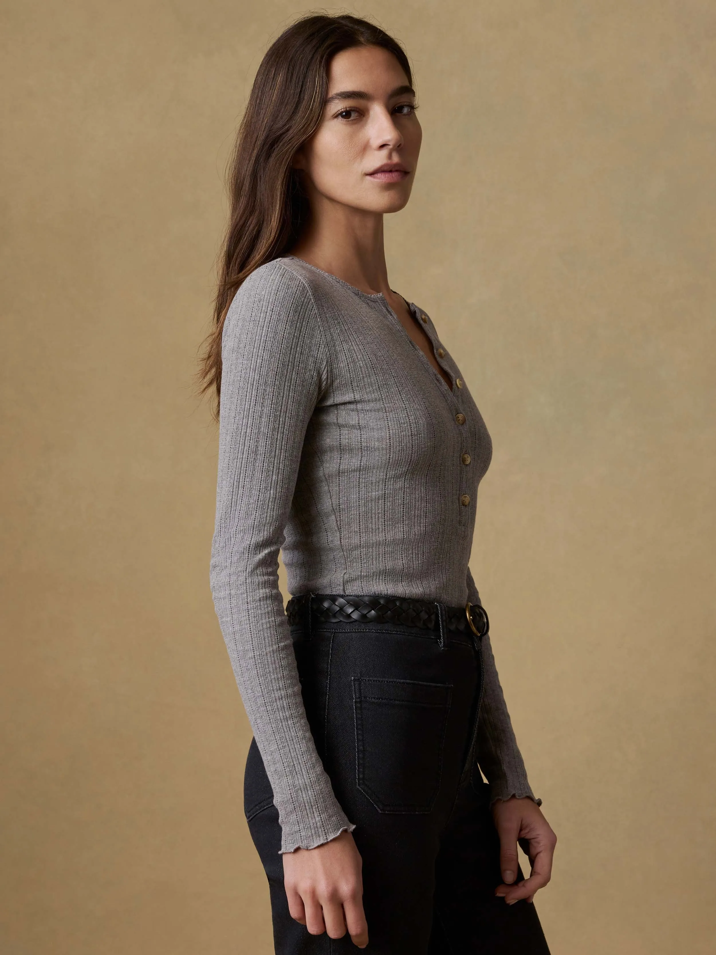 Paradise Pointelle Henley - Medium Grey Heather sold by Faherty product image thumbnail 5