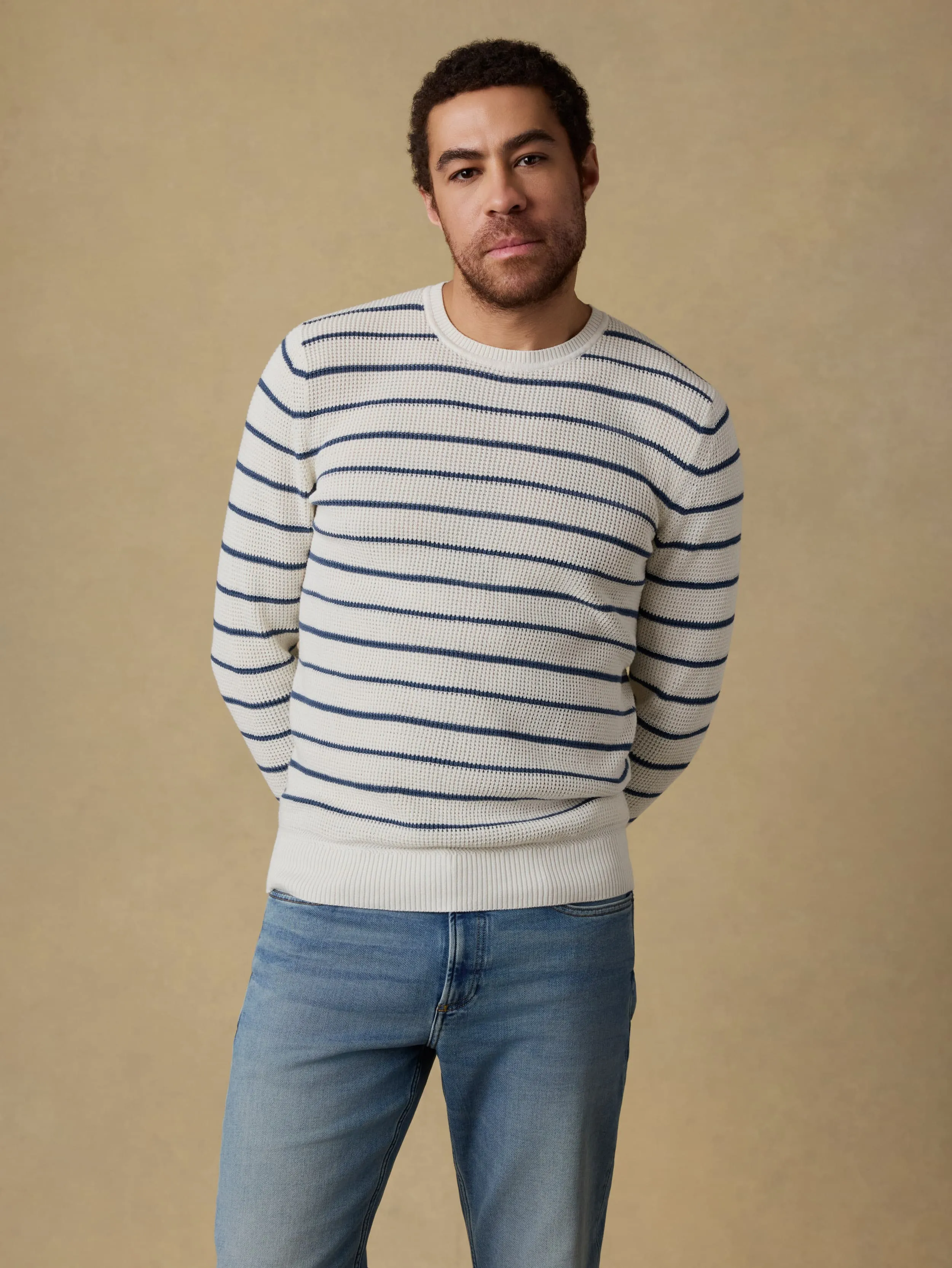 Sunwashed Crewneck Sweater - Ivory Night Stripe sold by Faherty
