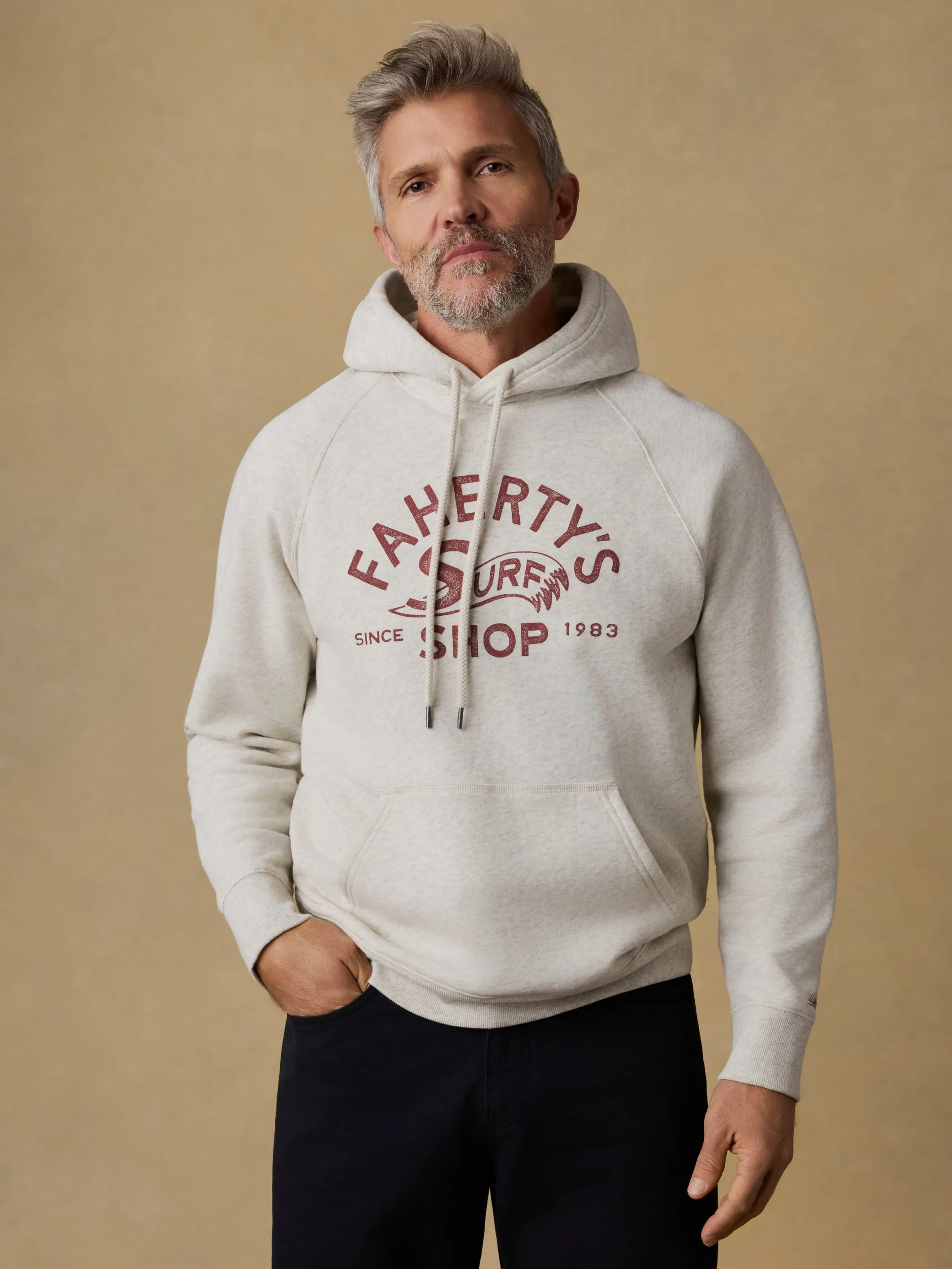 Surf Shop High Standard Fleece Hoodie - Antique Ivory Heather sold by Faherty