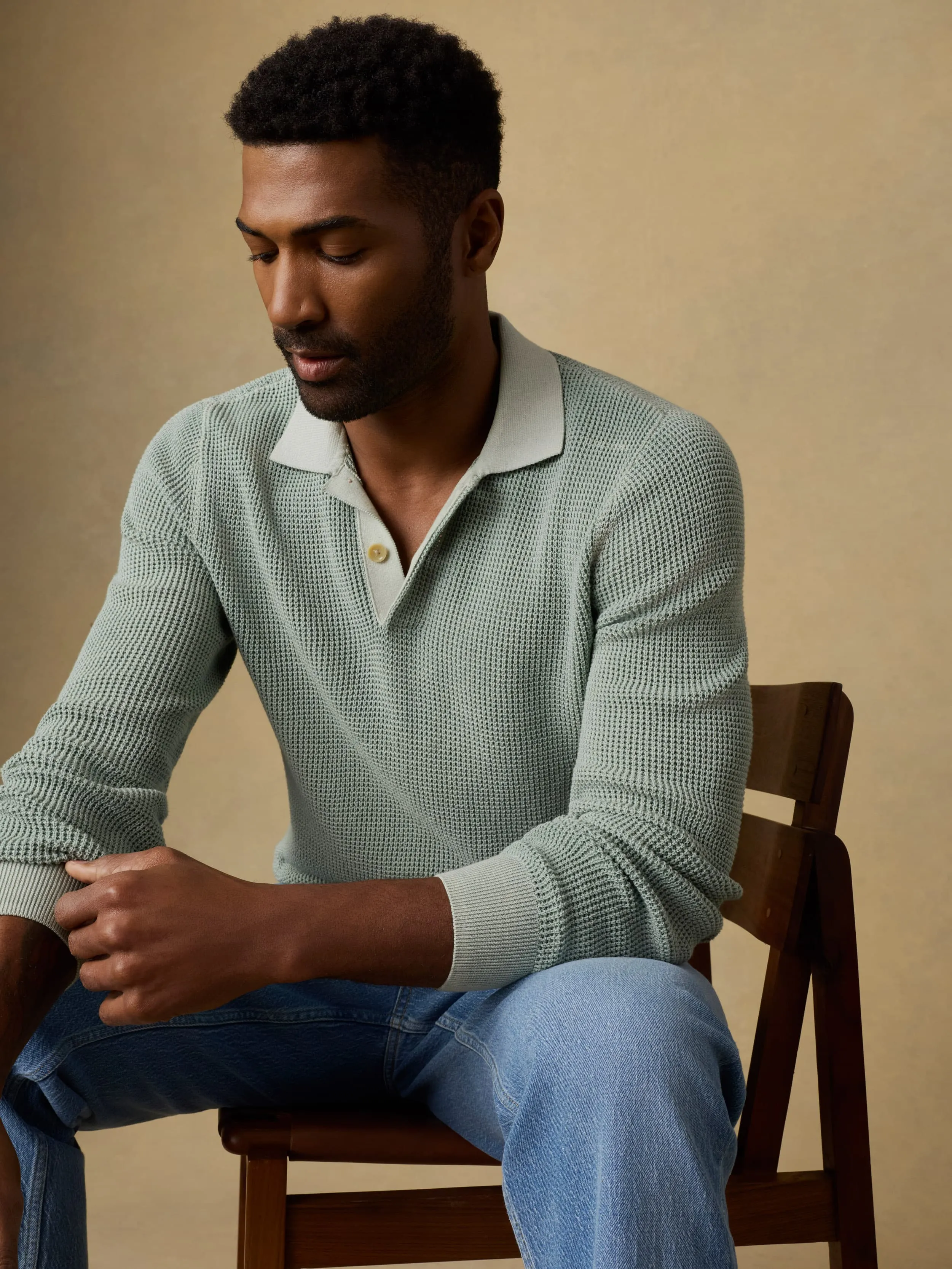 Long-Sleeve Sunwashed Sweater Polo - Sea Break sold by Faherty product image thumbnail 2