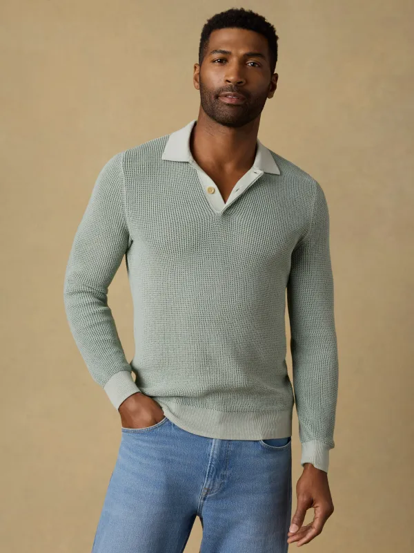 Long-Sleeve Sunwashed Sweater Polo - Sea Break sold by Faherty