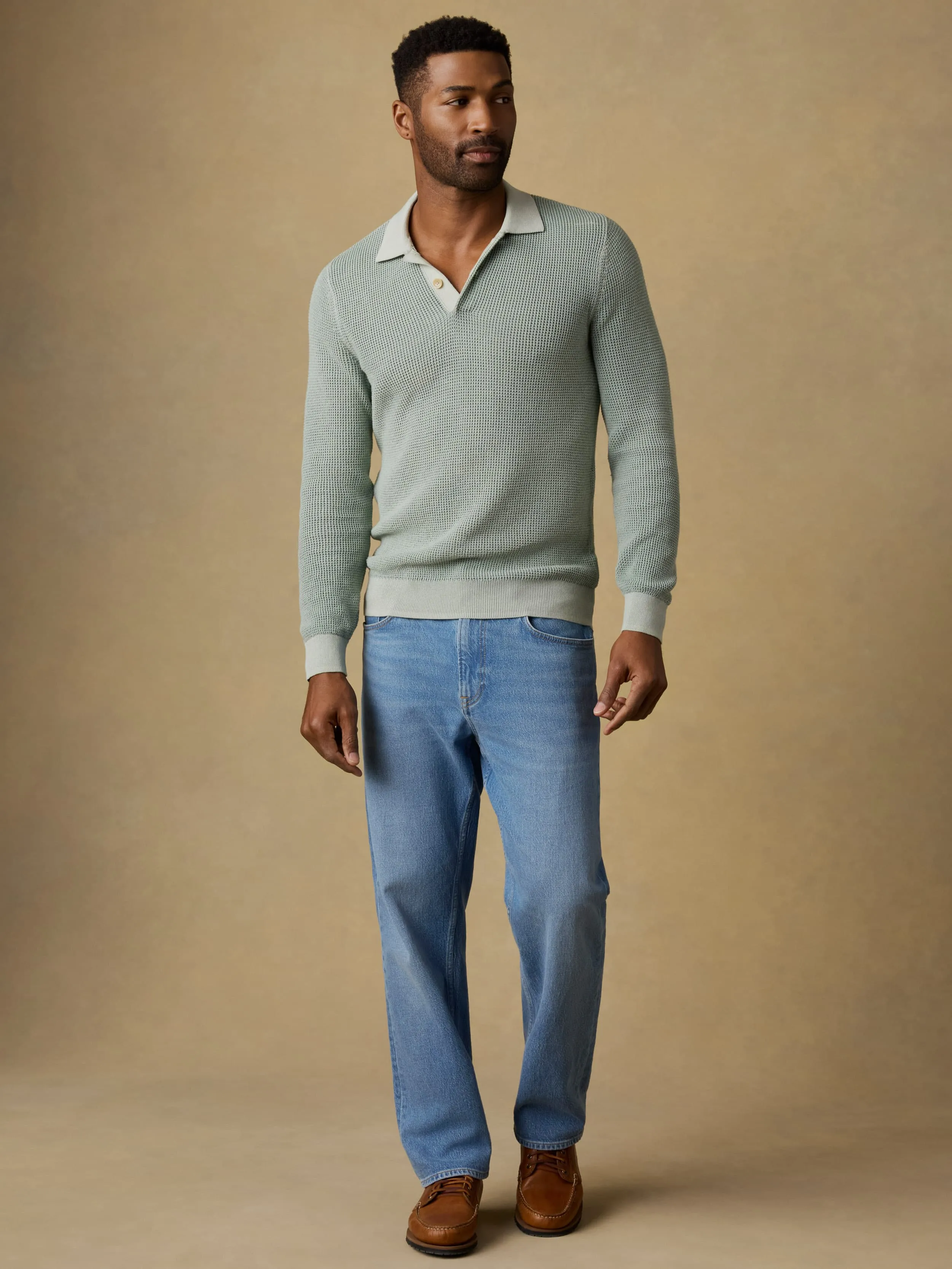 Long-Sleeve Sunwashed Sweater Polo - Sea Break sold by Faherty product image thumbnail 4