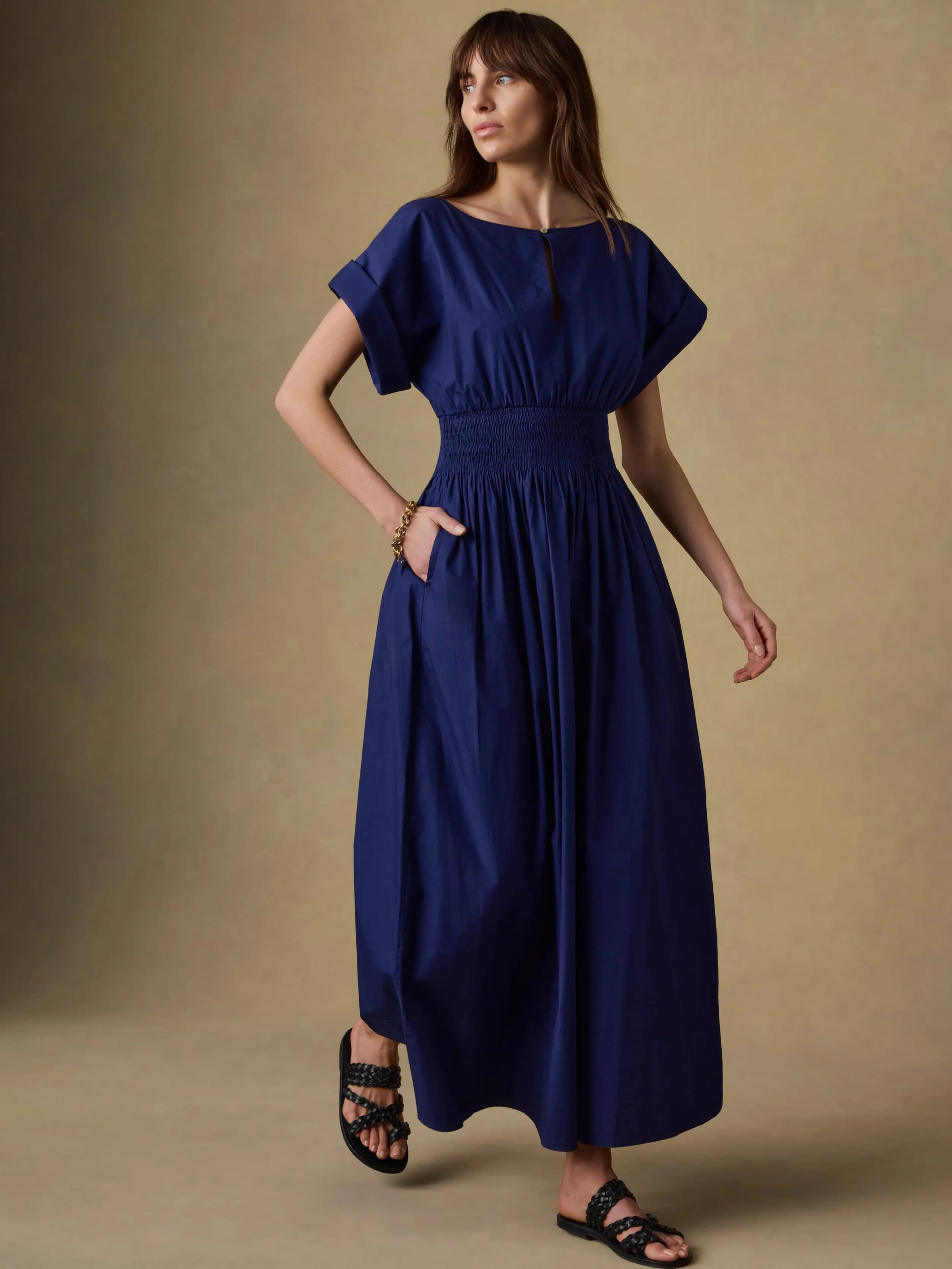 Coastal Poplin Elia Smocked Dress - Ocean Cavern sold by Faherty