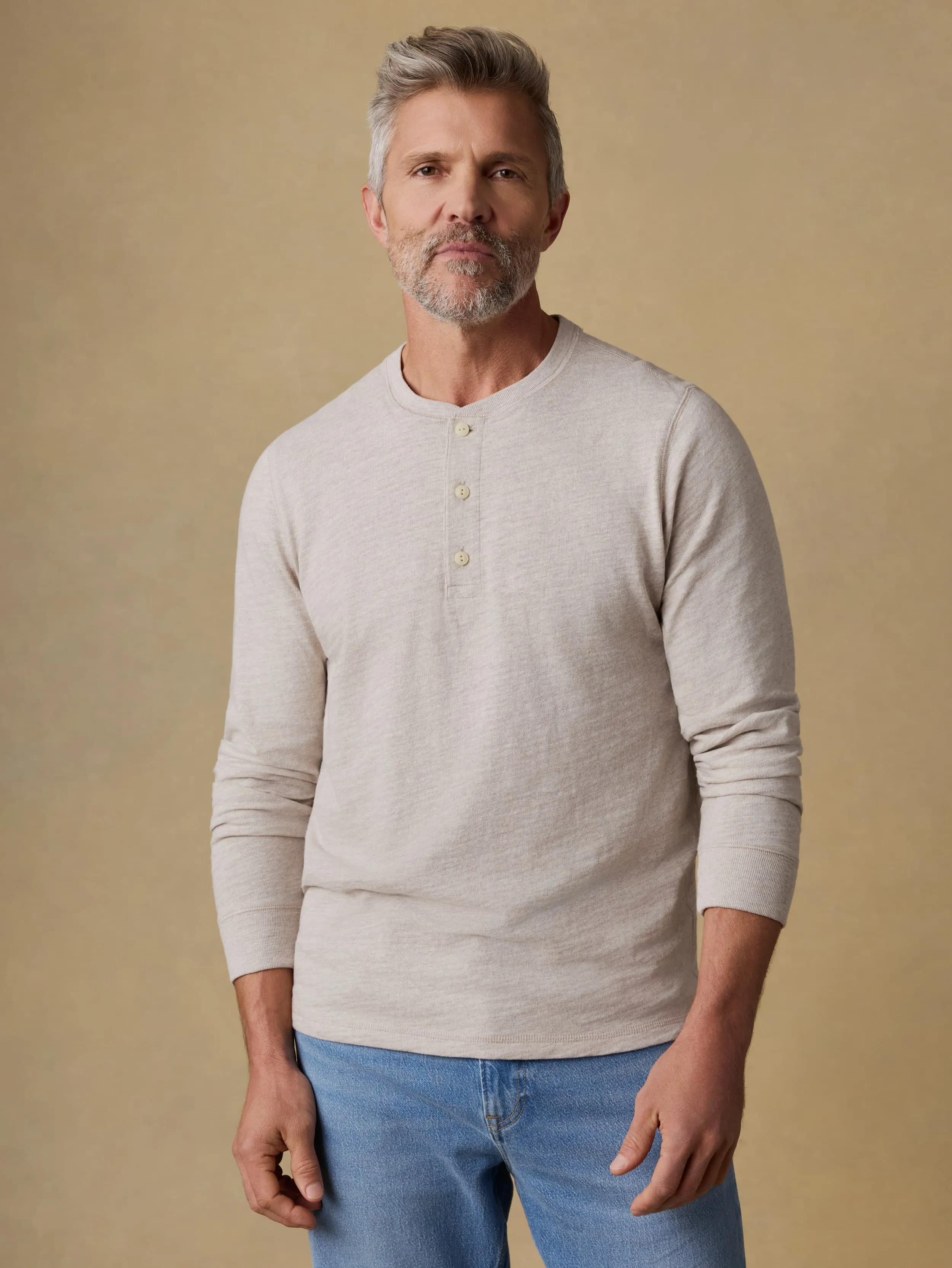 Sunwashed Organic Henley - Oat Plains Heather sold by Faherty