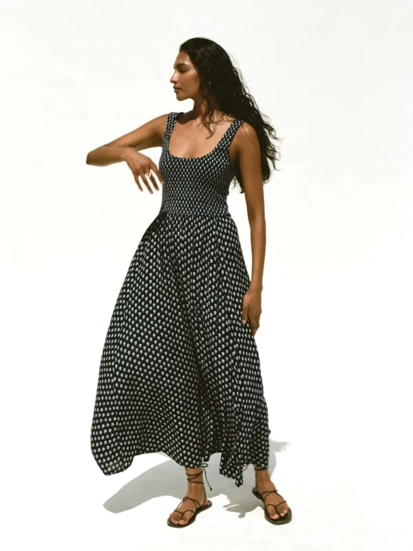 Sophia Smocked Dress - Navy Lotus Floral made by Faherty